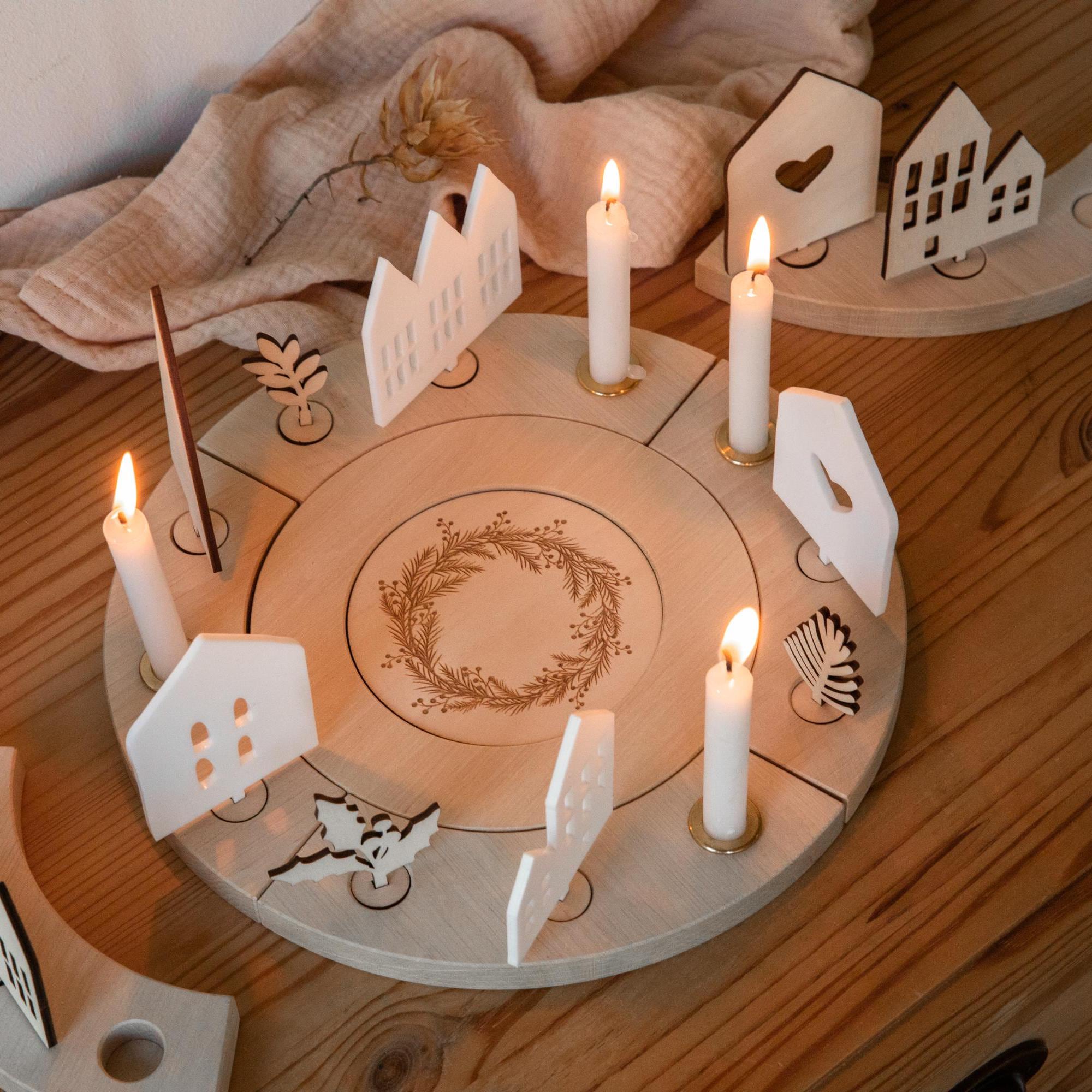 Holzkranz modern Advent / Adventskranz Holz / Geburtstagskranz / Häuser Weihnachten / Lichterhäuser / Häuserkranz / Lichthaus / Adventsdeko