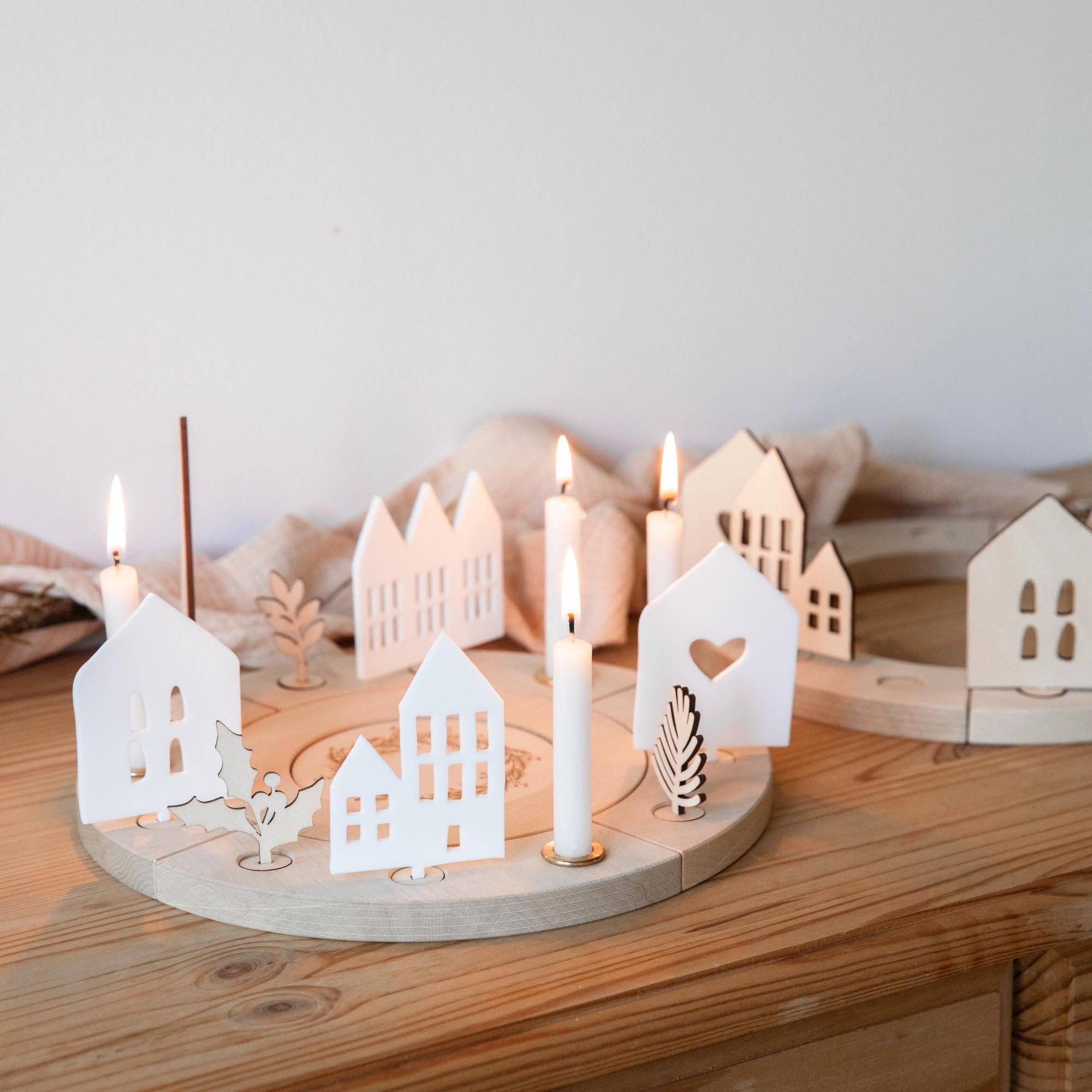 Holzkranz modern Advent / Adventskranz Holz / Geburtstagskranz / Häuser Weihnachten / Lichterhäuser / Häuserkranz / Lichthaus / Adventsdeko