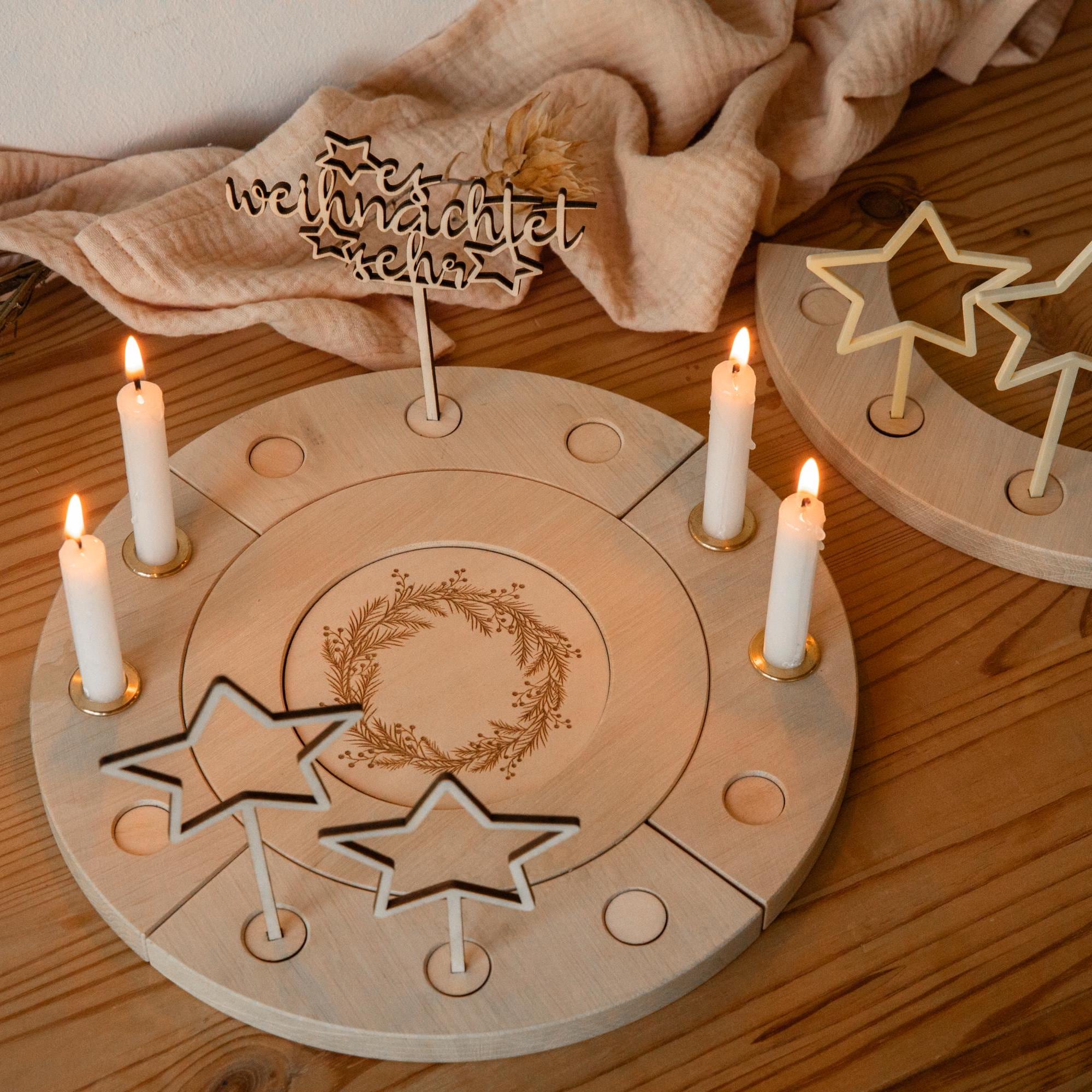 Adventsteller Kerzen / Adventskranz Holz / Holzkranz Deko Winter / Adventsdeko Sterne / Weihnachtskranz / Holzteller modern Advent