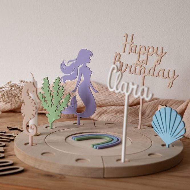 Personalisierter Geburtstagsteller Unterwasser für Mädchen / Bunter Geburtstagskranz aus Holz mit Gravur / Kindergeburtstag Meerjungfrau