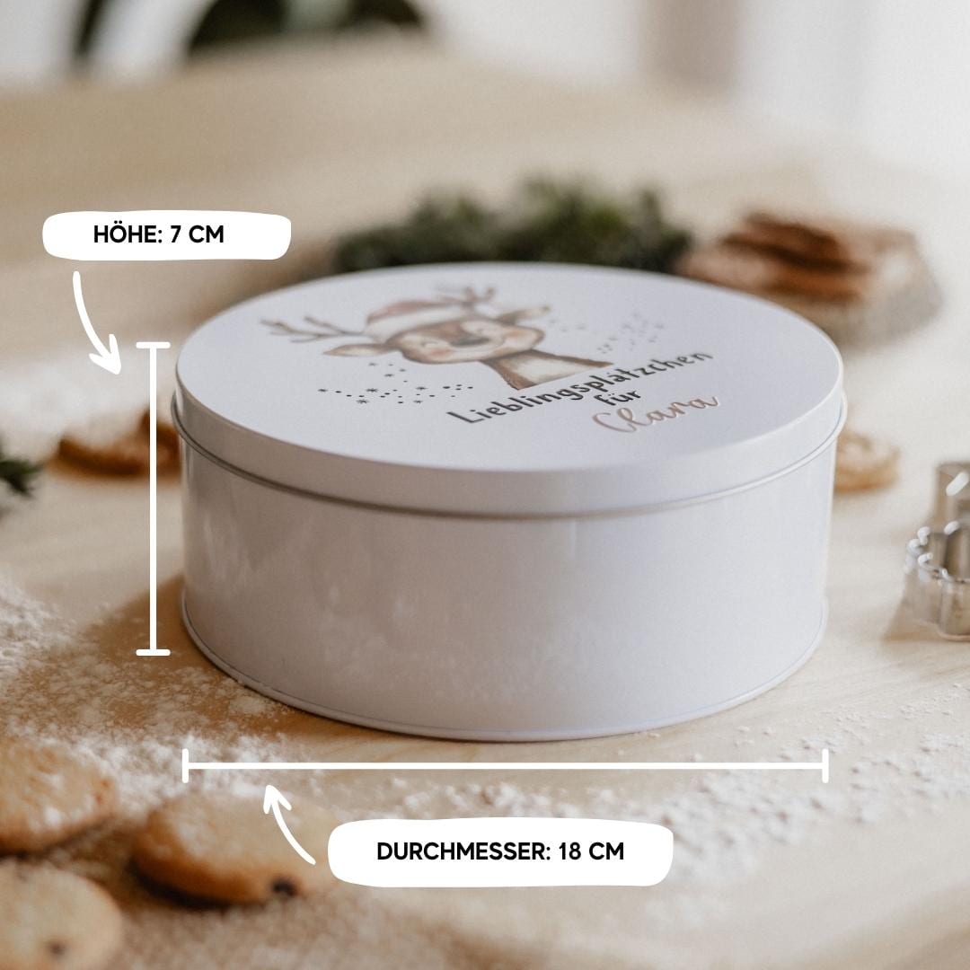 Personalisierte Keksdose Weihnachten mit Namen – Motivwahl Rentier, Tannenbaum, Häuser oder Eisbär – Geschenk für Kinder und Familie