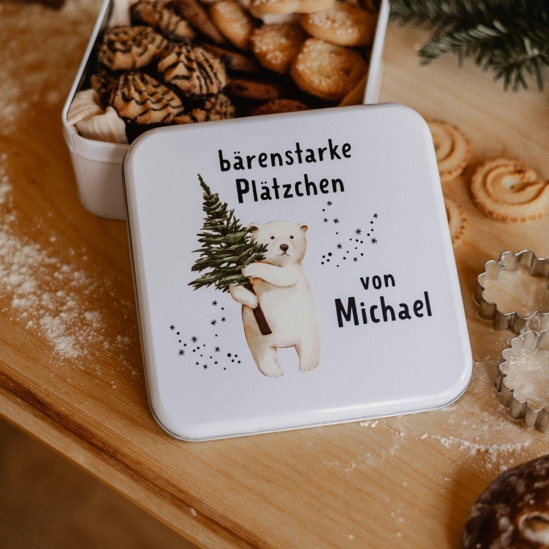 Personalisierte Keksdose Weihnachten mit Namen â quadratische Metalldose mit Motivwahl Rentier, Tannenbaum, HĂ€user oder EisbĂ€r
