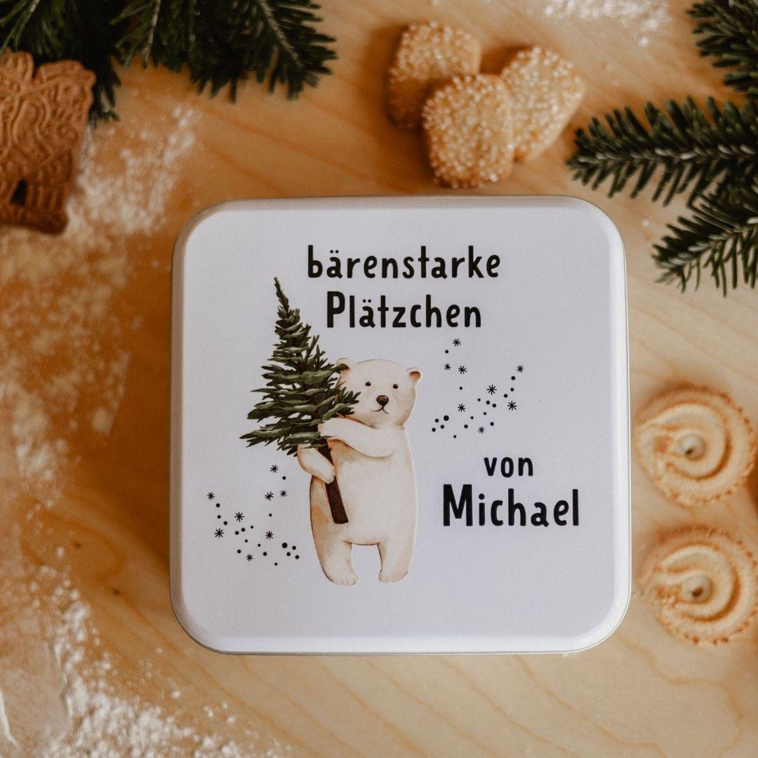 Personalisierte Keksdose Weihnachten mit Namen â quadratische Metalldose mit Motivwahl Rentier, Tannenbaum, HĂ€user oder EisbĂ€r