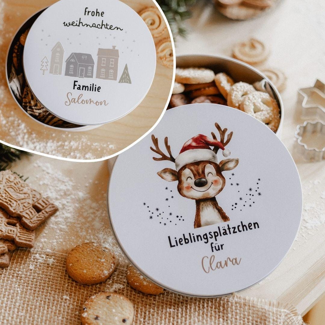 Personalisierte Keksdose Weihnachten mit Namen – Motivwahl Rentier, Tannenbaum, Häuser oder Eisbär – Geschenk für Kinder und Familie