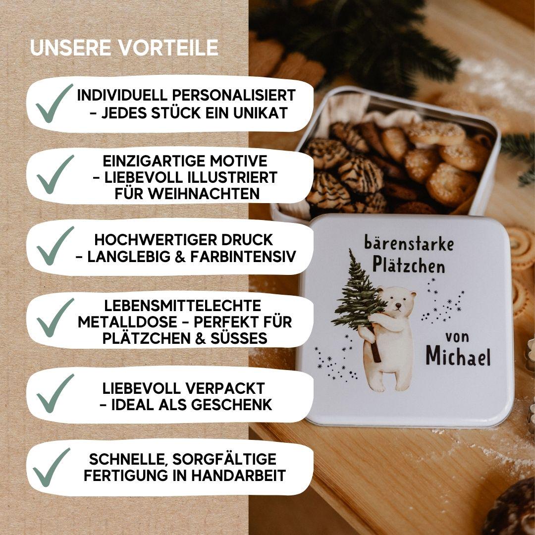 Personalisierte Keksdose Weihnachten mit Namen – quadratische Metalldose mit Motivwahl Rentier, Tannenbaum, Häuser oder Eisbär