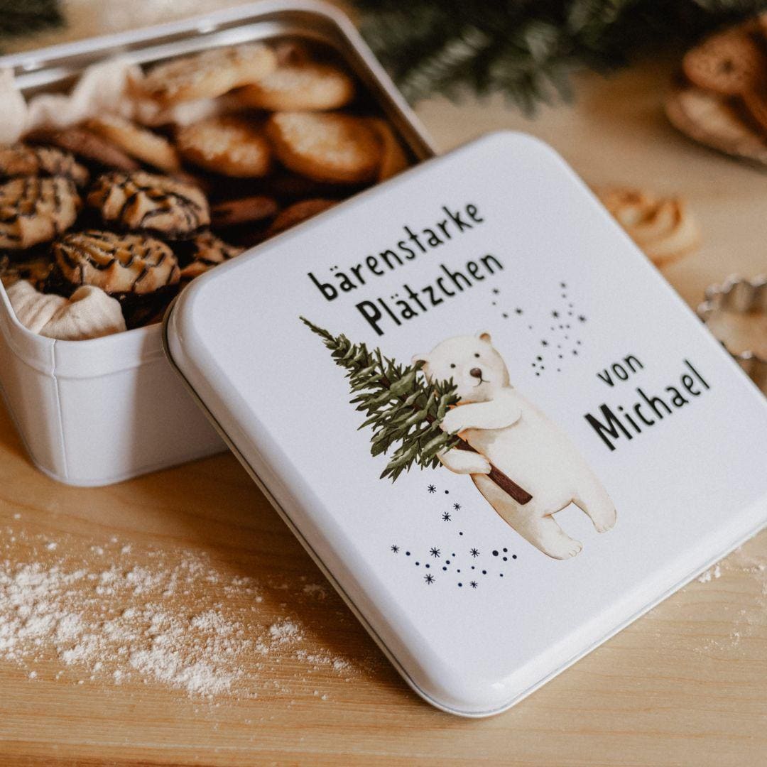 Personalisierte Keksdose Weihnachten mit Namen â quadratische Metalldose mit Motivwahl Rentier, Tannenbaum, HĂ€user oder EisbĂ€r