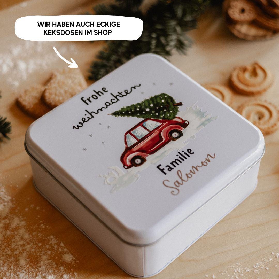 Personalisierte Keksdose Weihnachten mit Namen – Motivwahl Rentier, Tannenbaum, Häuser oder Eisbär – Geschenk für Kinder und Familie