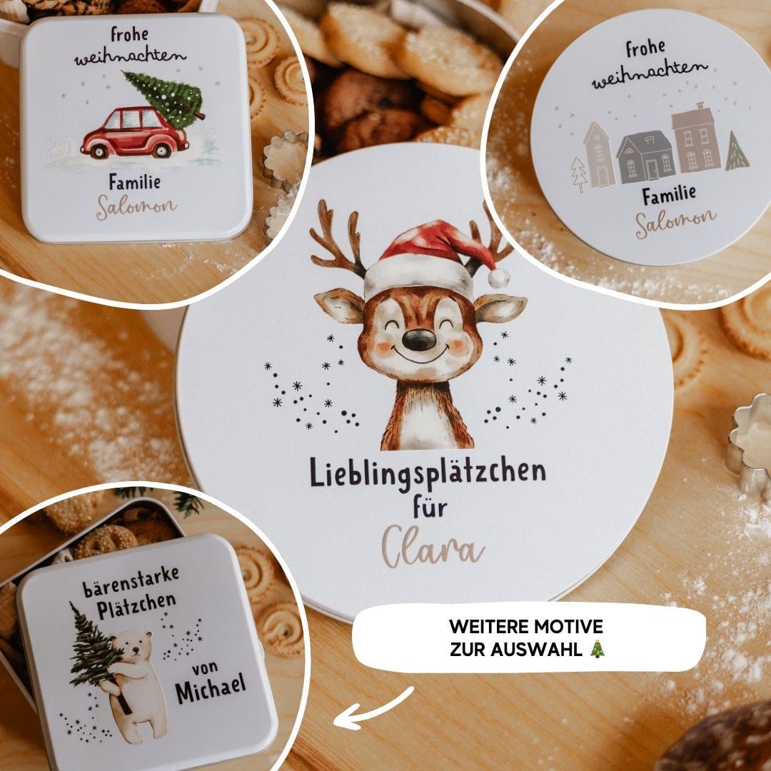 Personalisierte Keksdose Weihnachten mit Namen – Motivwahl Rentier, Tannenbaum, Häuser oder Eisbär – Geschenk für Kinder und Familie