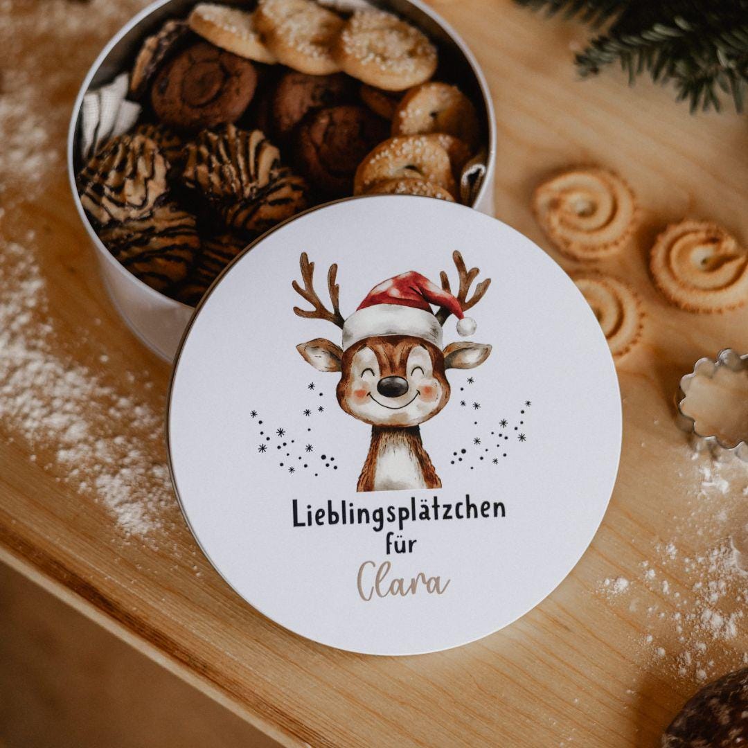 Personalisierte Keksdose Weihnachten mit Namen – Motivwahl Rentier, Tannenbaum, Häuser oder Eisbär – Geschenk für Kinder und Familie
