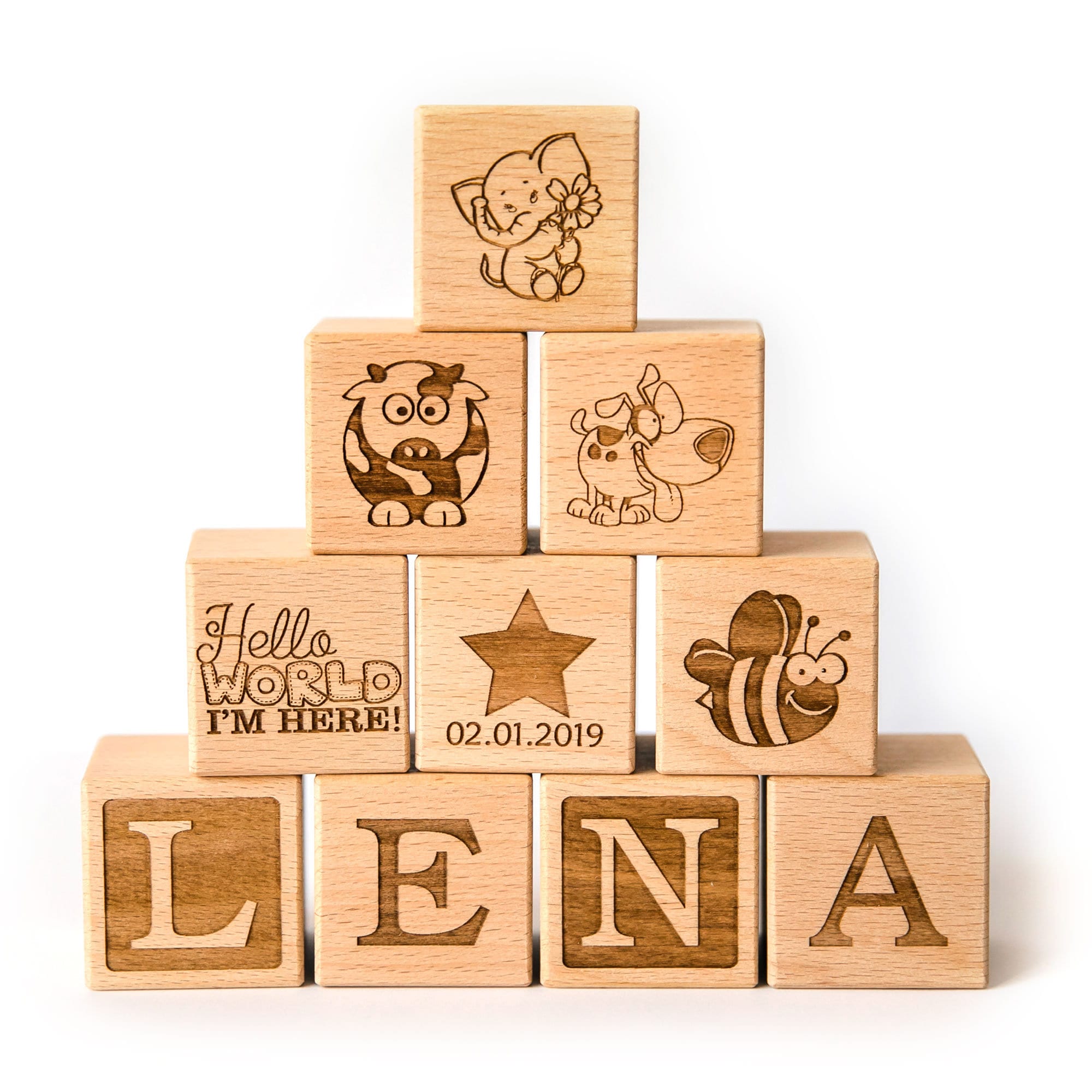 Holzwürfel mit Gravur - Buche 5cm - Geschenk zur Geburt / Geburtstag - Baby Geschenk personalisiert - Holzwürfel Baby - Buchstabenwürfel