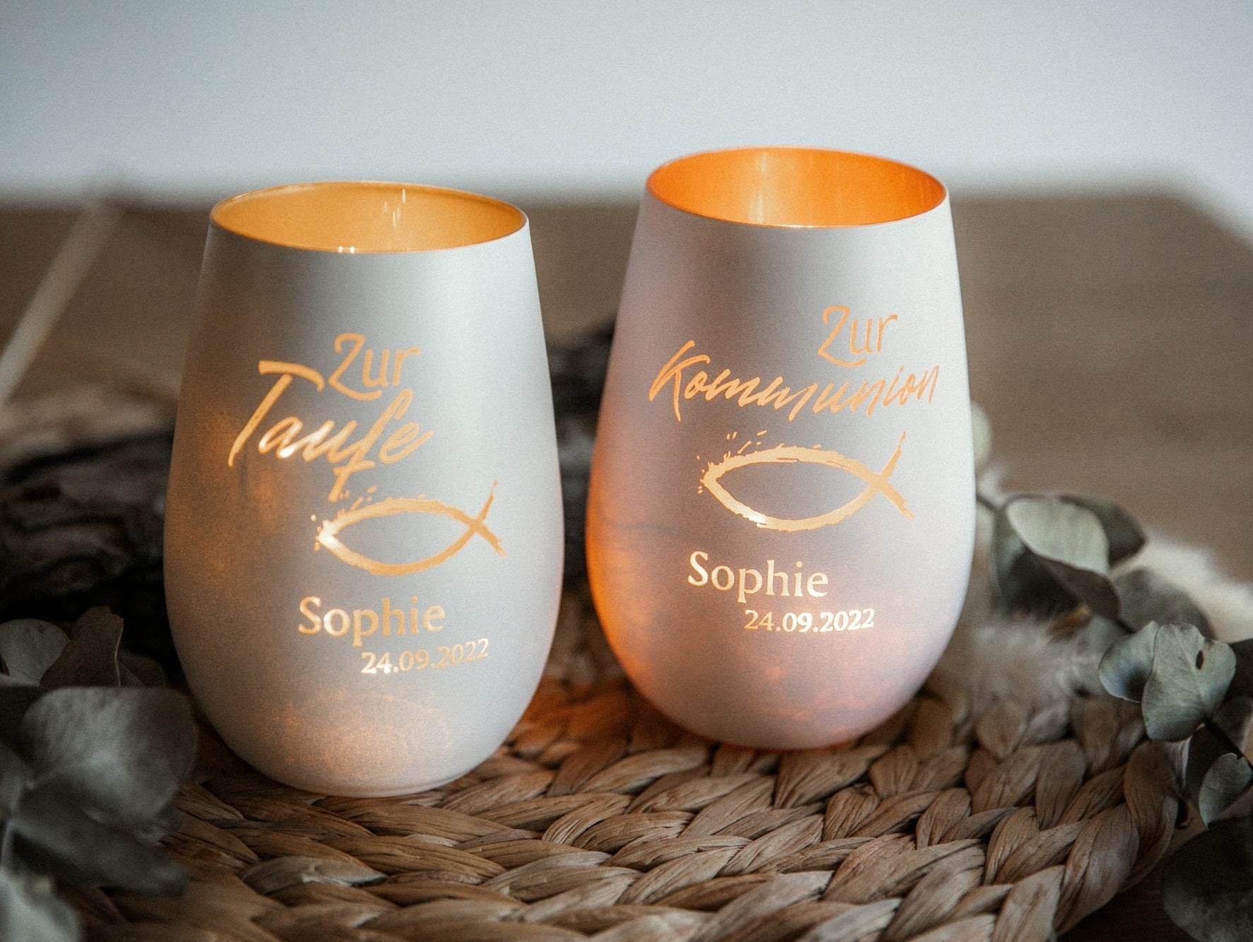 Personalisiertes Windlicht / Taufe / Konfirmation / Kommunion mit Wunschname / Erinnerungslicht