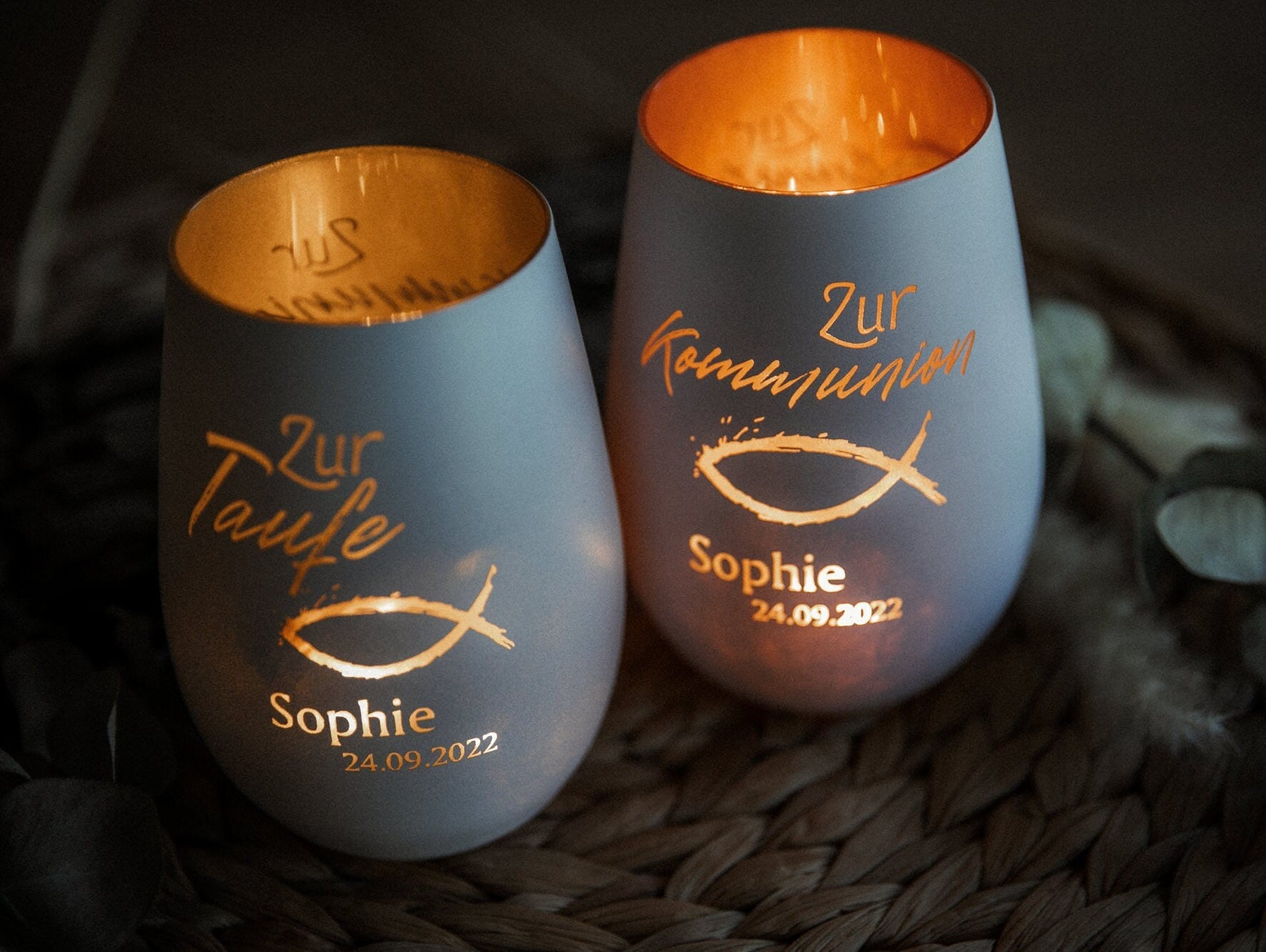 Personalisiertes Windlicht / Taufe / Konfirmation / Kommunion mit Wunschname / Erinnerungslicht