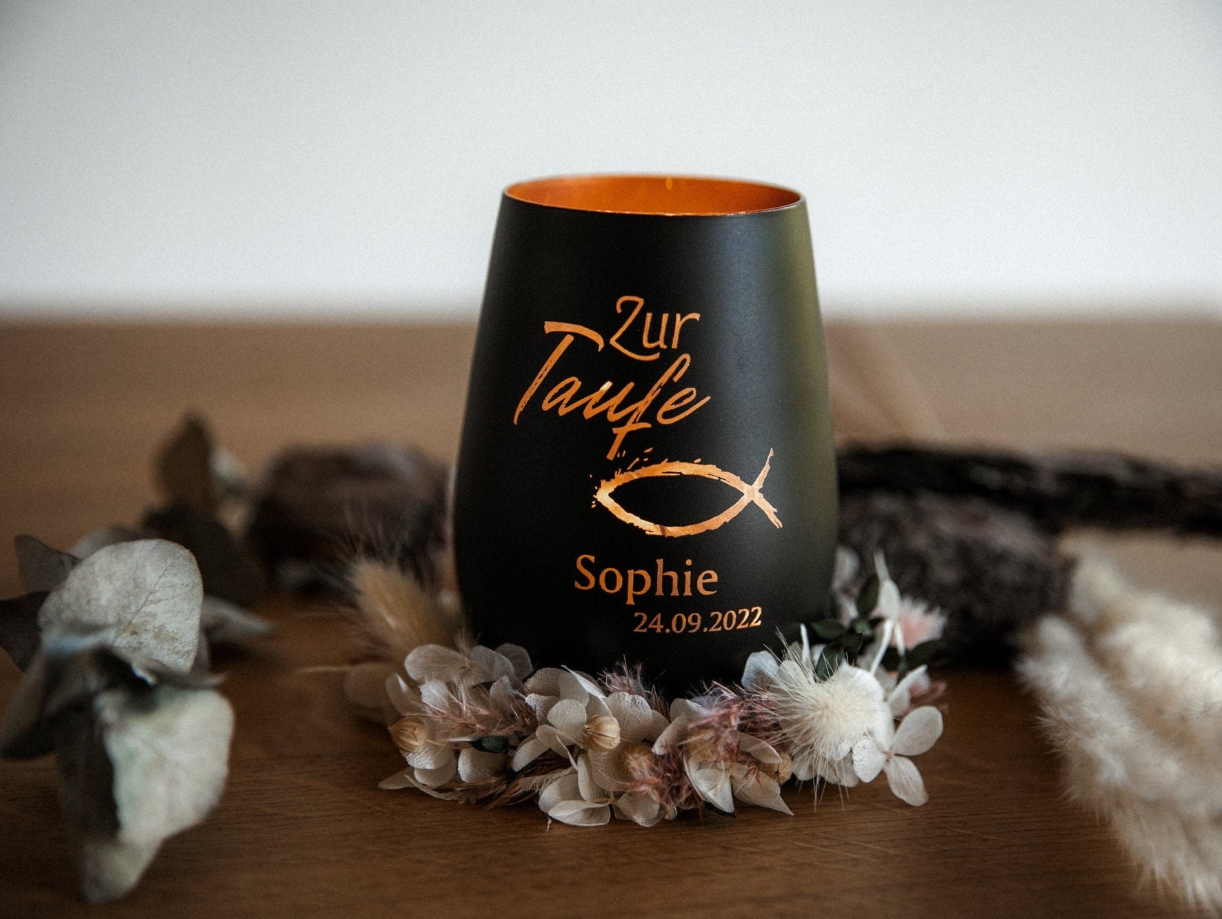 Personalisiertes Windlicht / Taufe / Konfirmation / Kommunion mit Wunschname / Erinnerungslicht