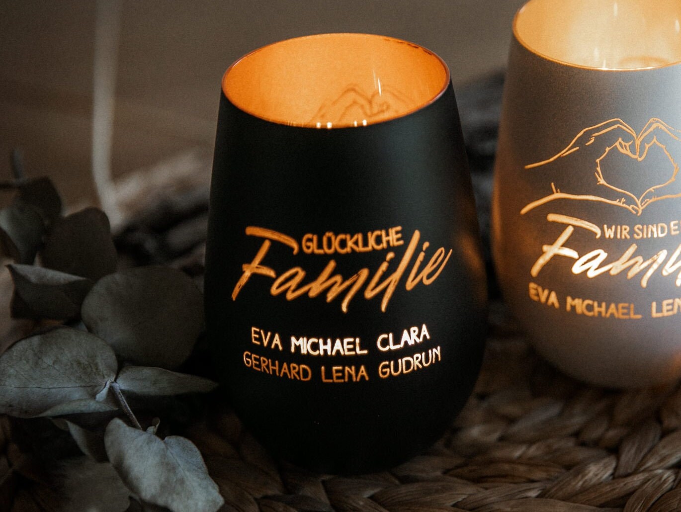 Personalisiertes Windlicht - "Glückliche Familie" Kristallglas / Erinnerungslicht mit Wunschnamen / personalisiertes Geschenk Familie