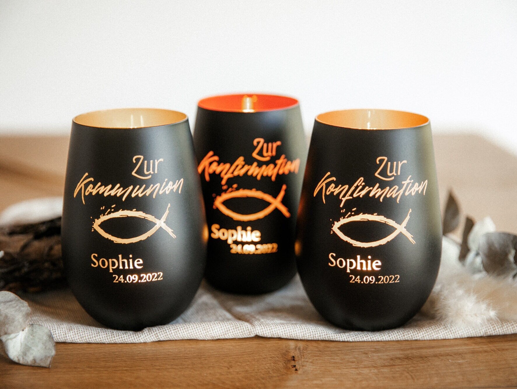 Personalisiertes Windlicht zur Kommunion / Konfirmation / Taufe mit Wunschname / Erinnerungslicht