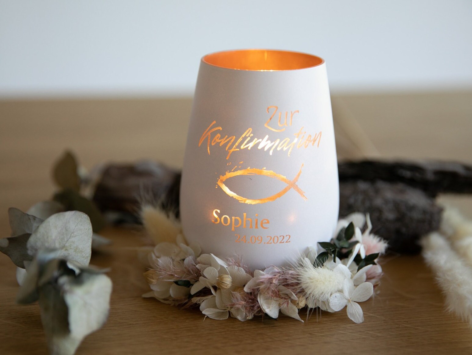 Personalisiertes Windlicht zur Kommunion / Konfirmation / Taufe mit Wunschname / Erinnerungslicht