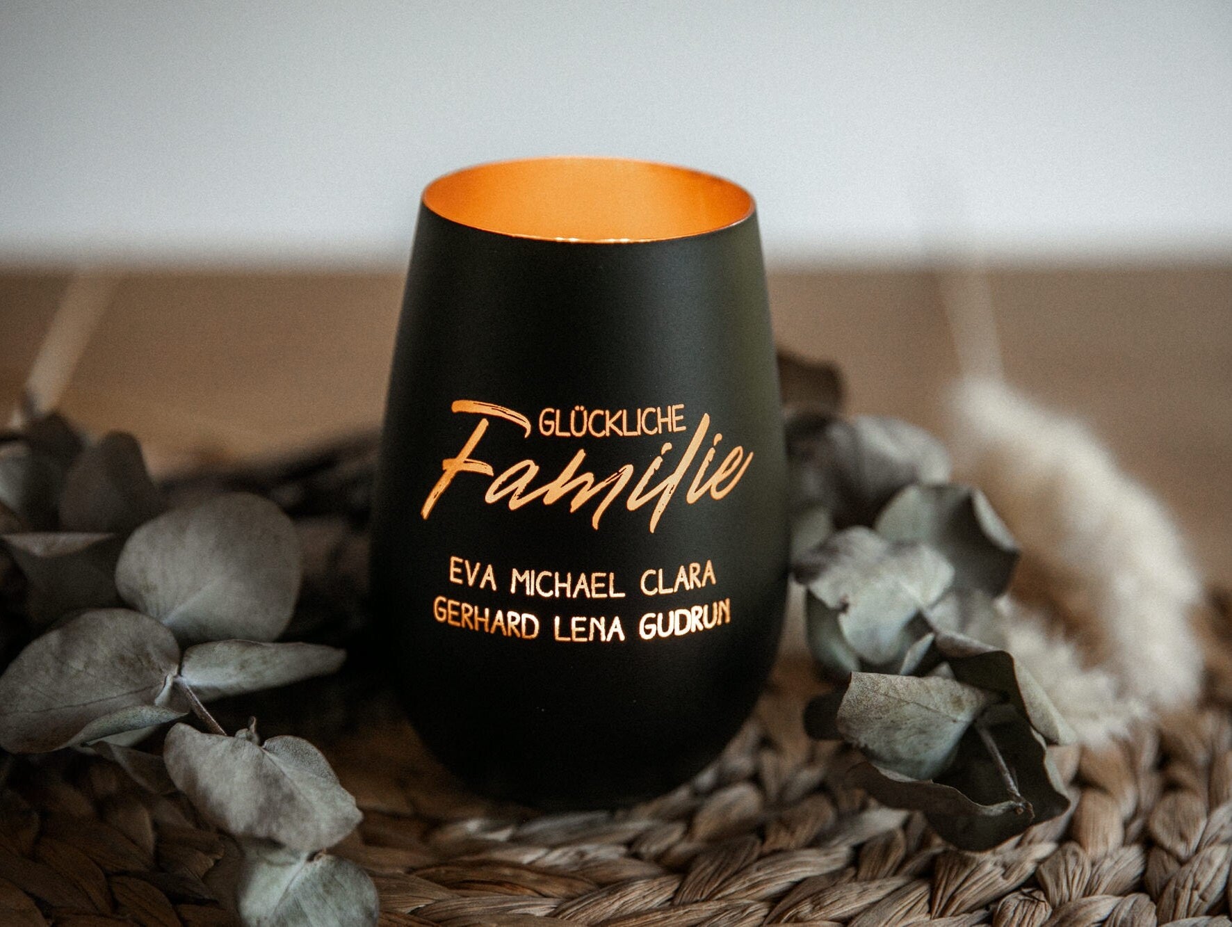 Personalisiertes Windlicht - "Glückliche Familie" Kristallglas / Erinnerungslicht mit Wunschnamen / personalisiertes Geschenk Familie
