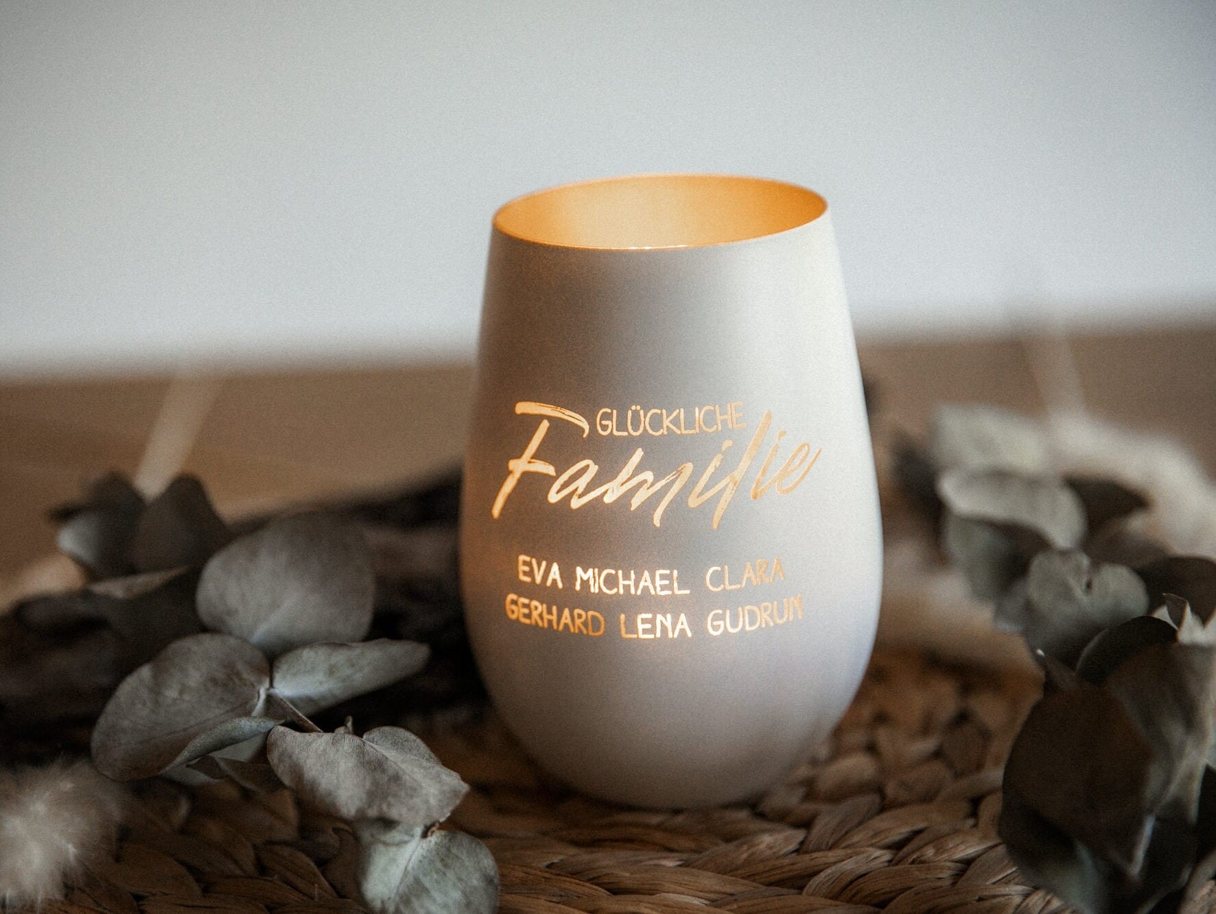 Personalisiertes Windlicht - "Glückliche Familie" Kristallglas / Erinnerungslicht mit Wunschnamen / personalisiertes Geschenk Familie