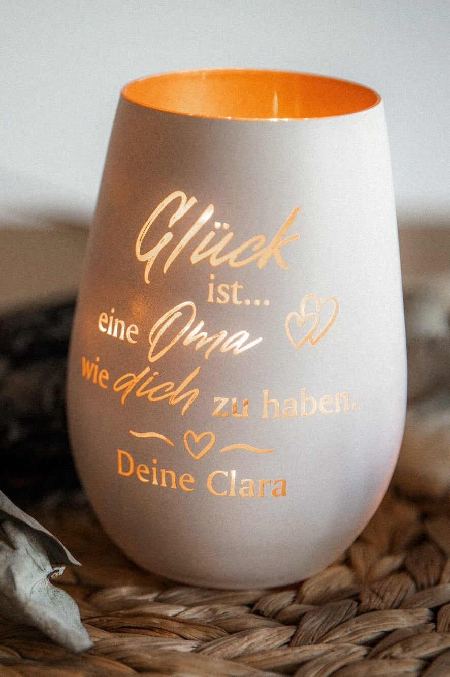 Personalisiertes Windlicht für Oma - "Glück ist eine Oma wie dich zu haben" + Wunschname
