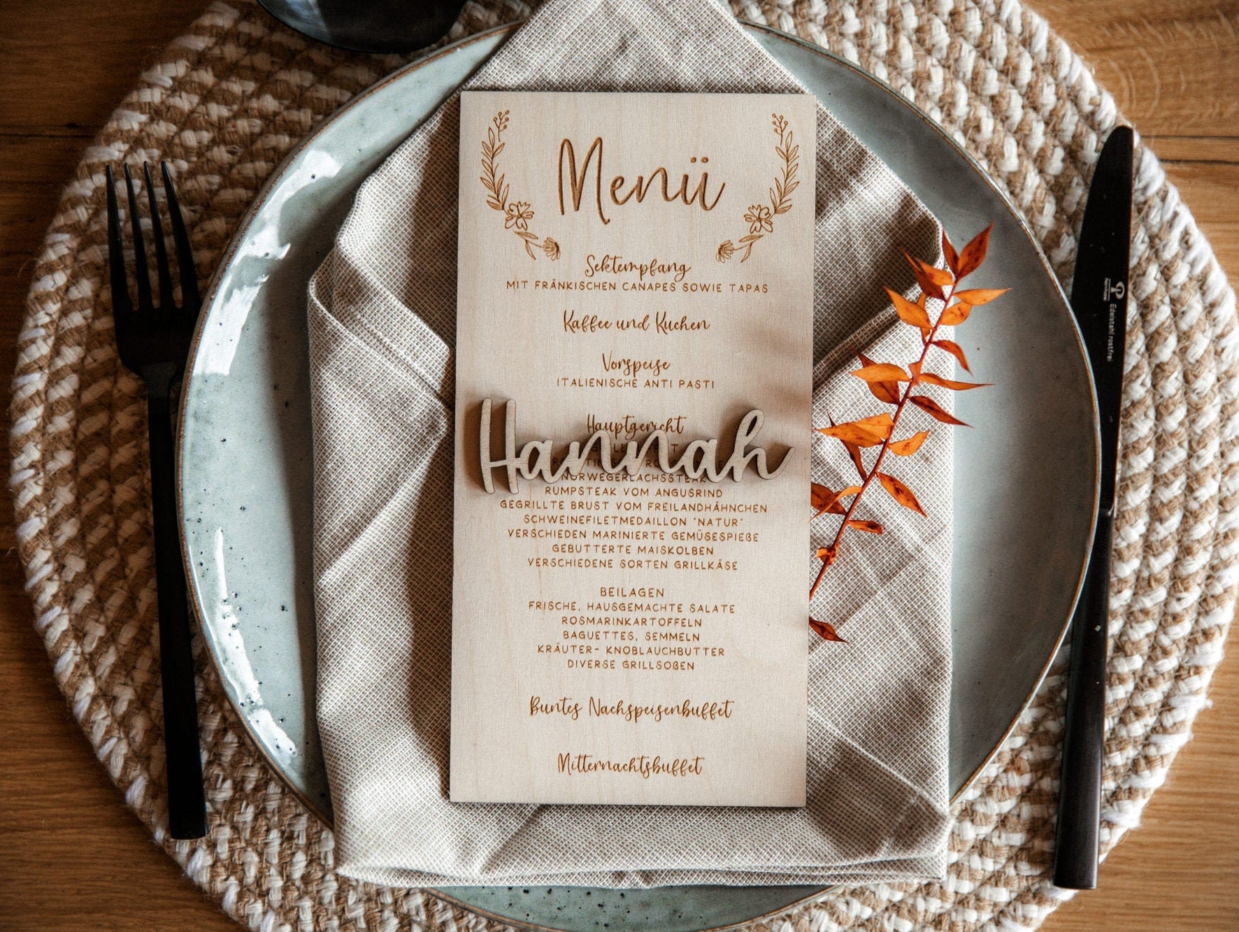 Menükarte Hochzeit aus Holz mit beidseitiger Beschriftung / Speisekarte aus Birke