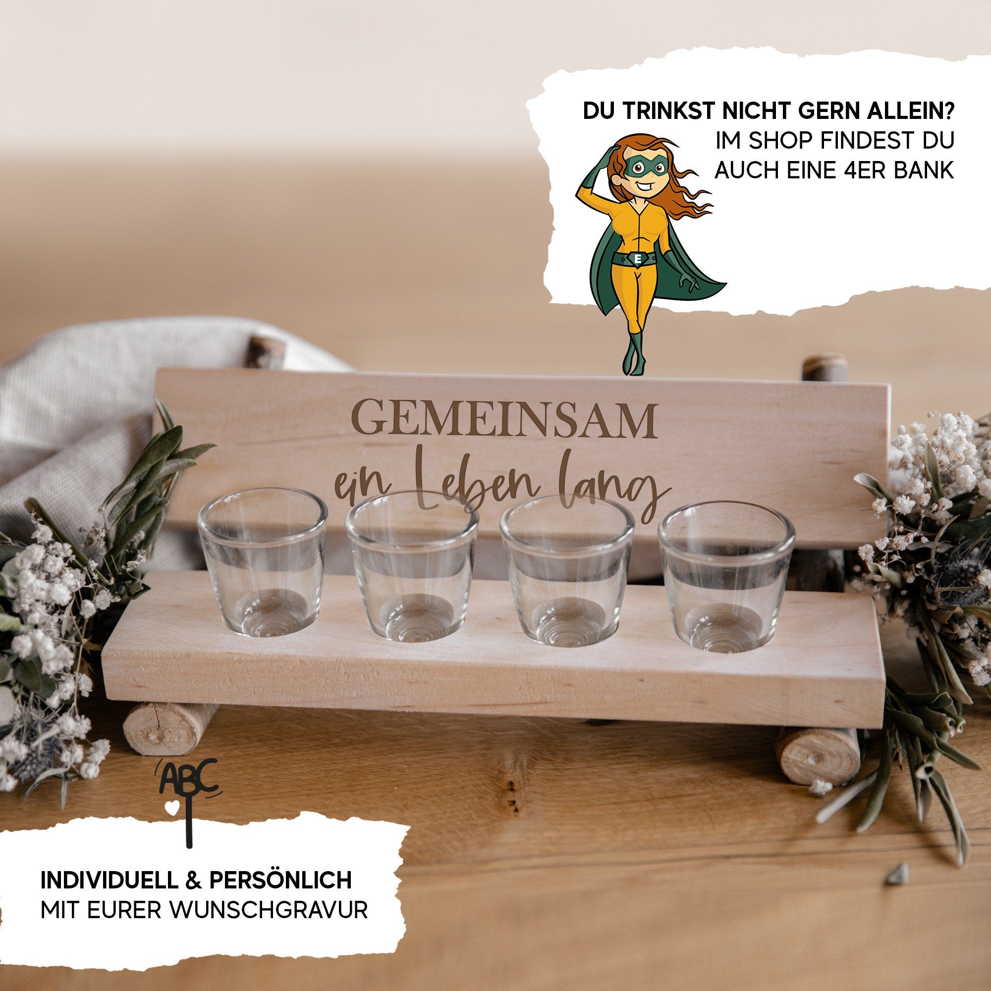 Personalisierte Schnapsbank für Hochzeit mit Gravur inkl. Gläser / Geschenk mit Wunschgravur / Bank Massivholz rustikal mit Rinde
