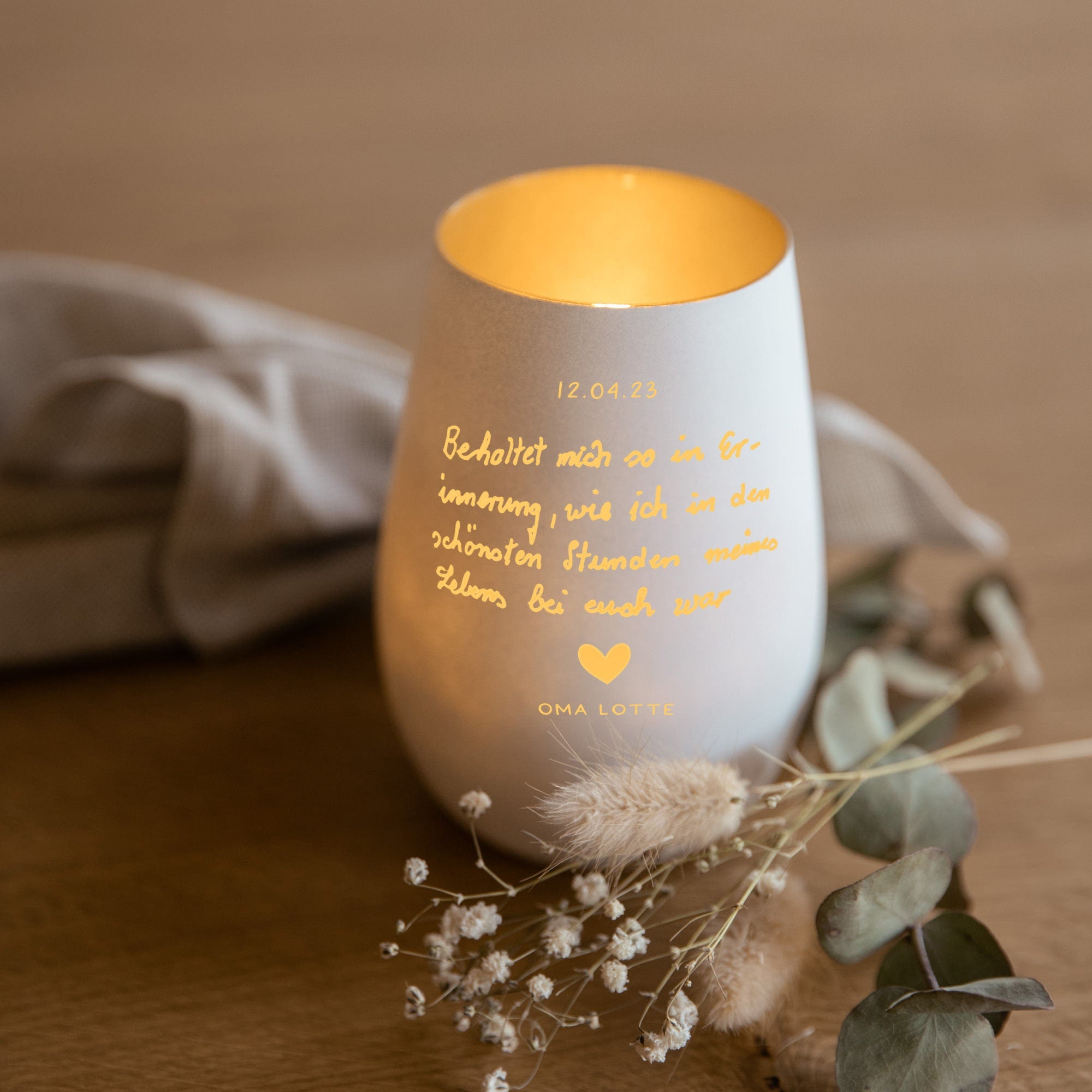 Personalisiertes Windlicht mit Handschrift oder Schriftzug