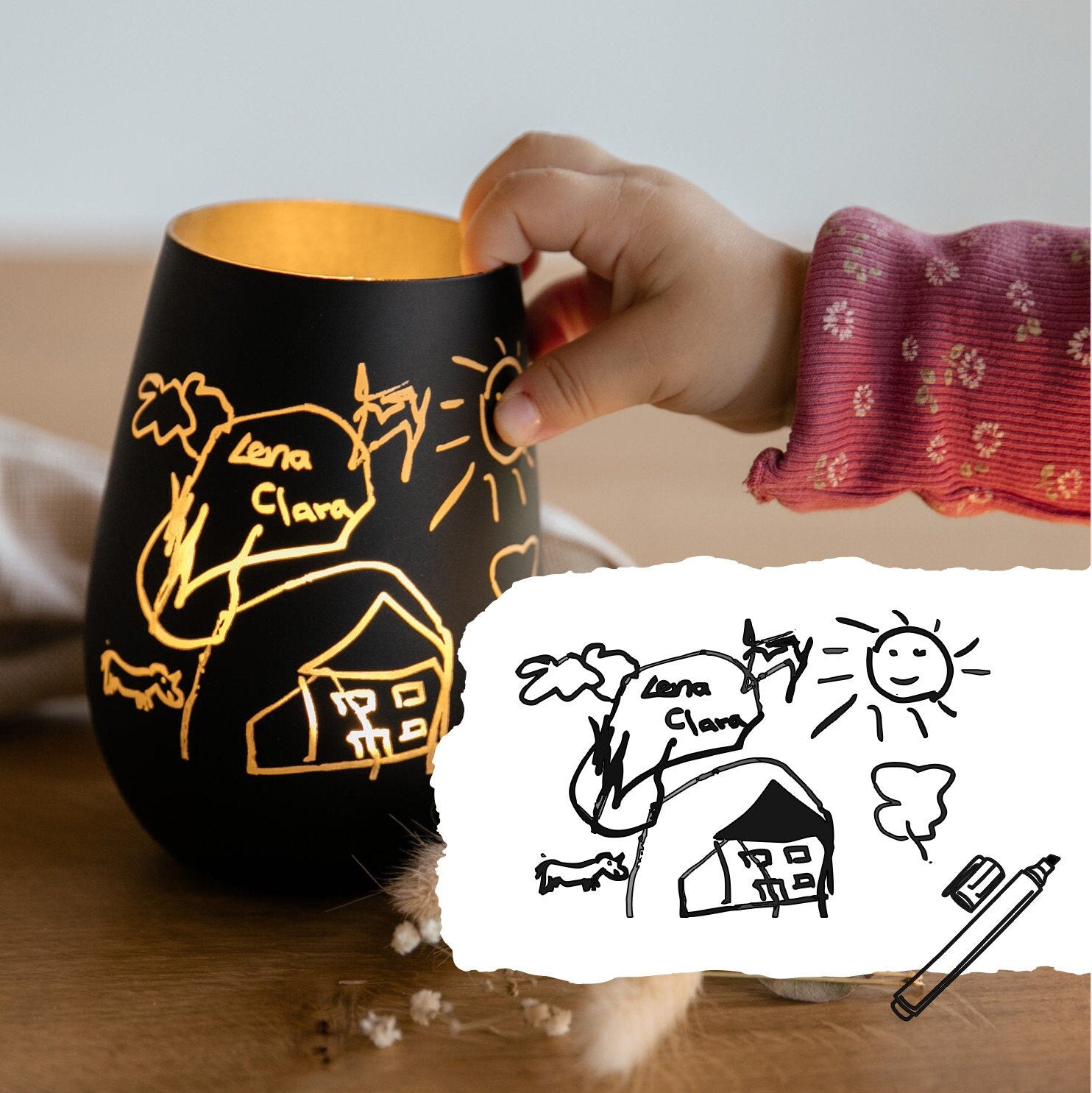 Personalisiertes Windlicht mit Kinderzeichnung - Laserhelden Shop