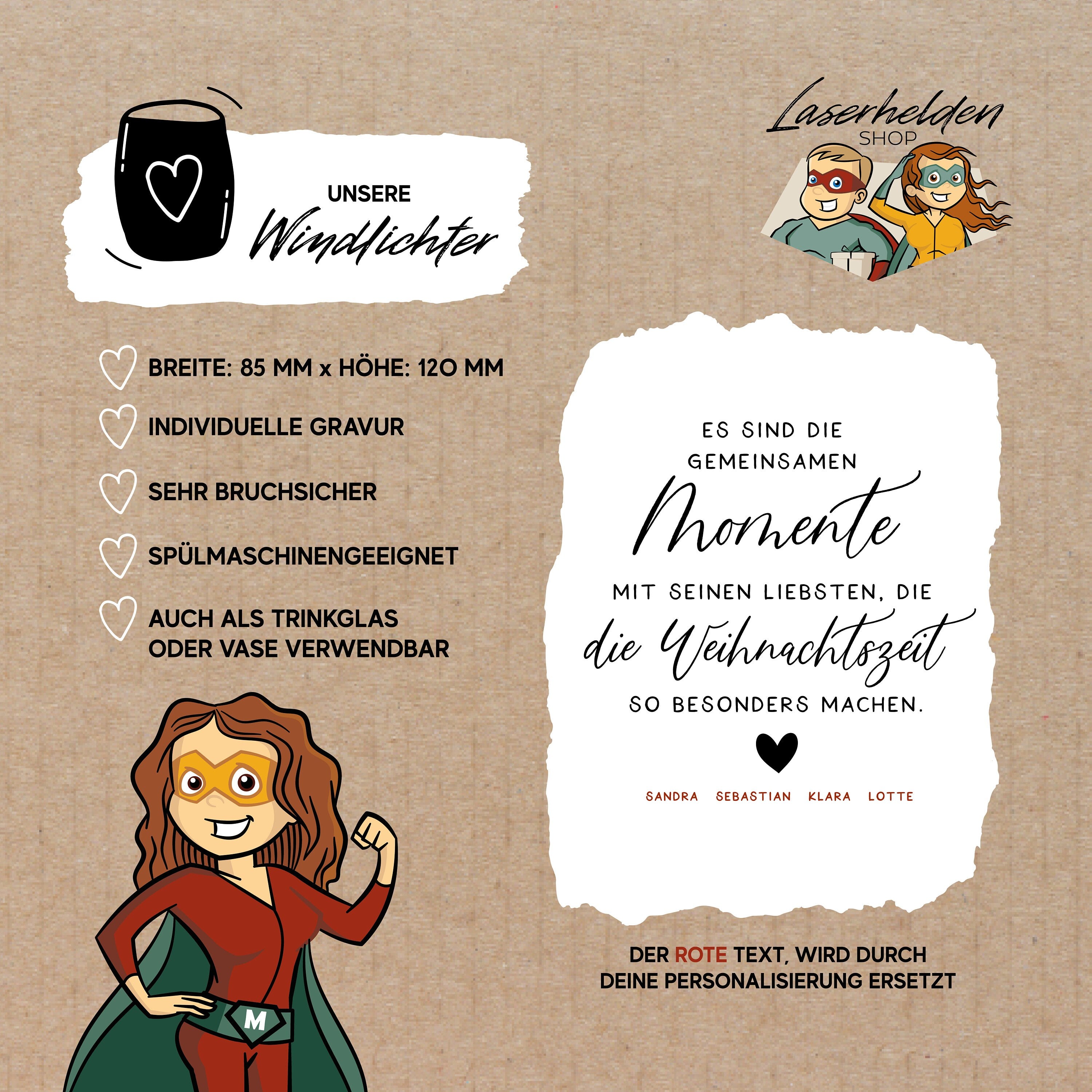 Personalisiertes Windlicht - "Weihnachtszeit" / Kristallglas / Weihnachtsgeschenk mit Wunschnamen / personalisiertes Geschenk Familie