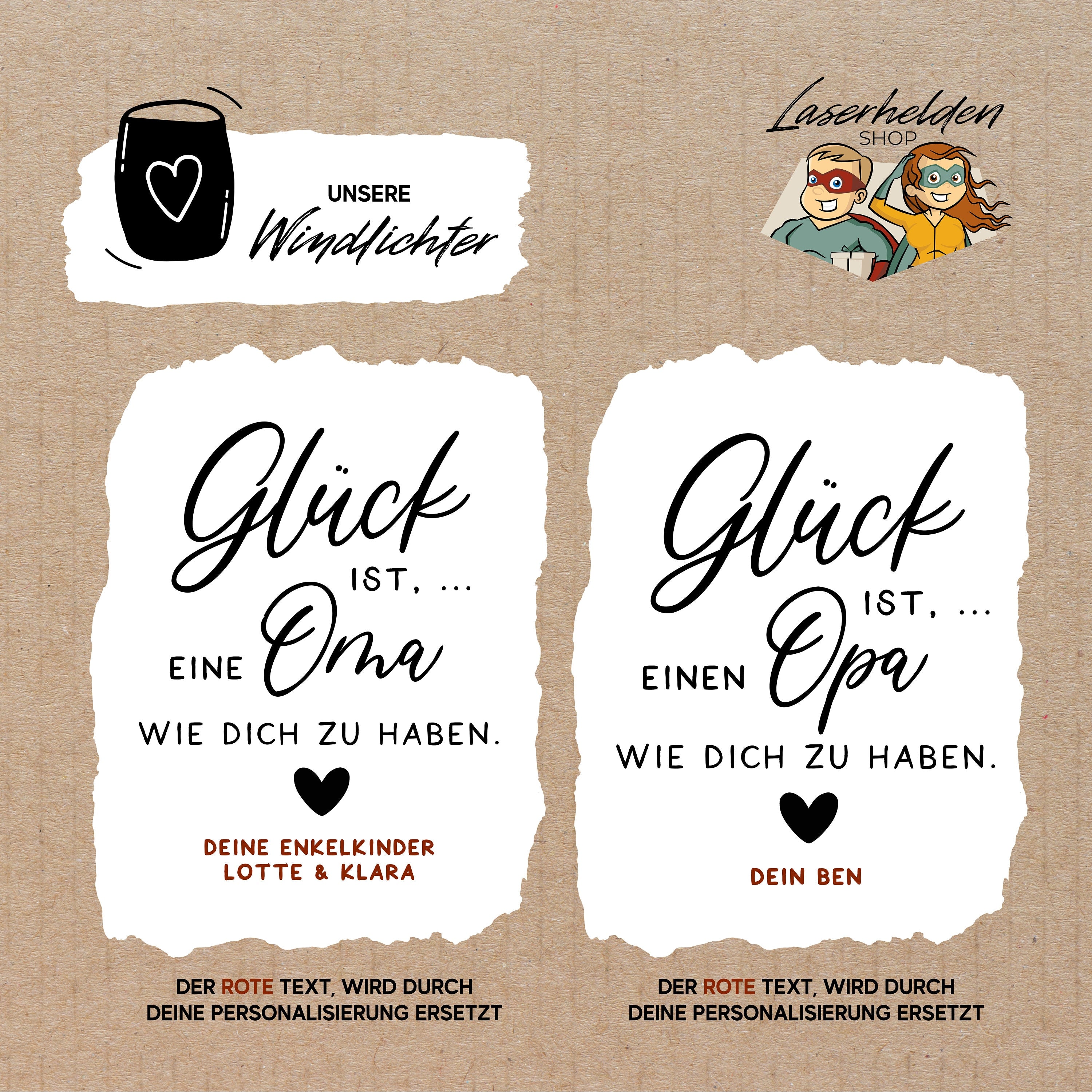 Laserhelden Shop - Personalisiertes Windlicht mit Namen der Enkelkinder, Geschenkidee Weihnachten Großeltern, Oma und Opa - Auswahl Schriftzug