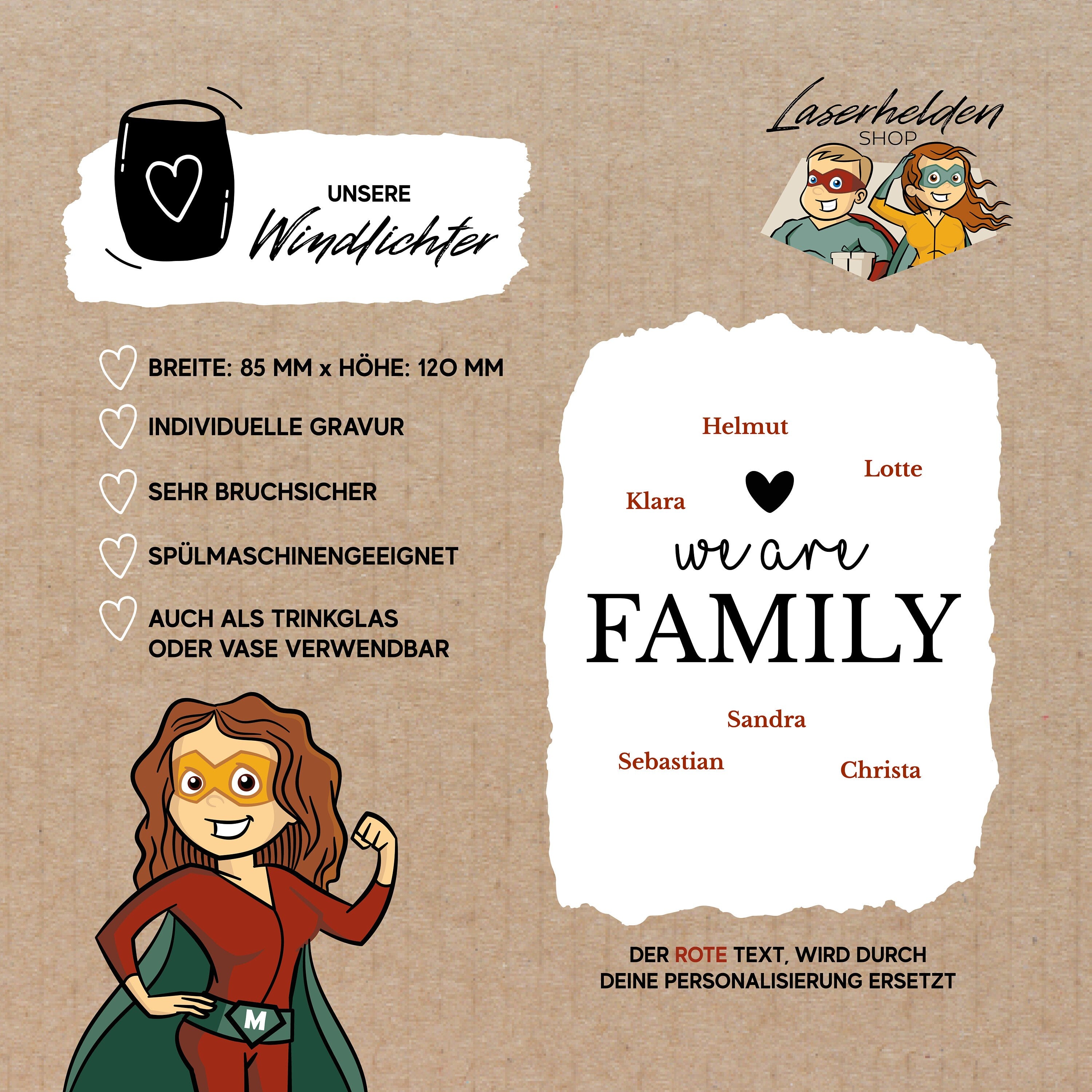 Personalisiertes Windlicht als Weihnachtsgeschenk für die Familie / Windlicht mit Gravur / Windlicht - Familie "we are family"