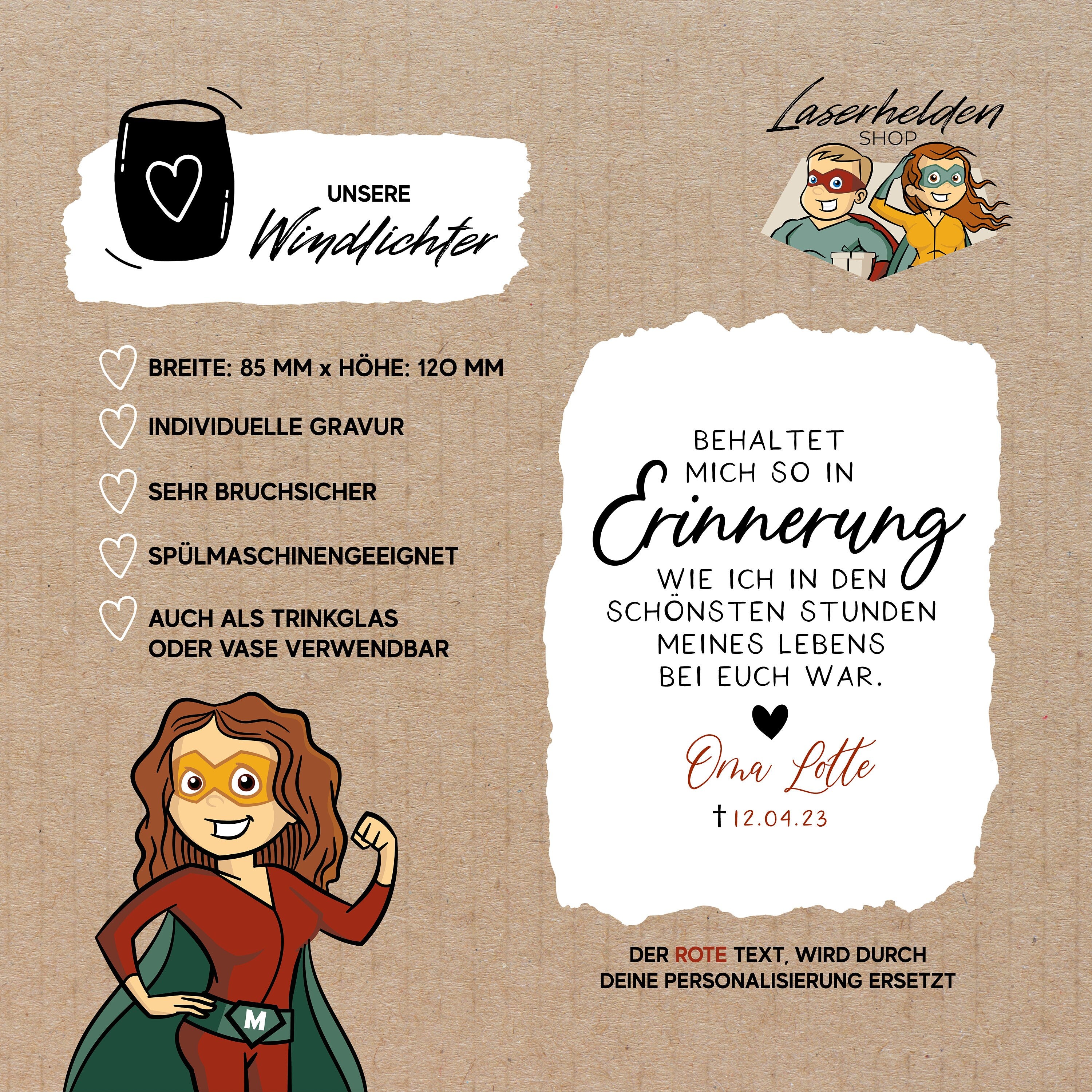 Personalisiertes Windlicht als Erinnerung an einen verstorbenen Menschen - Trauerlicht mit Gravur