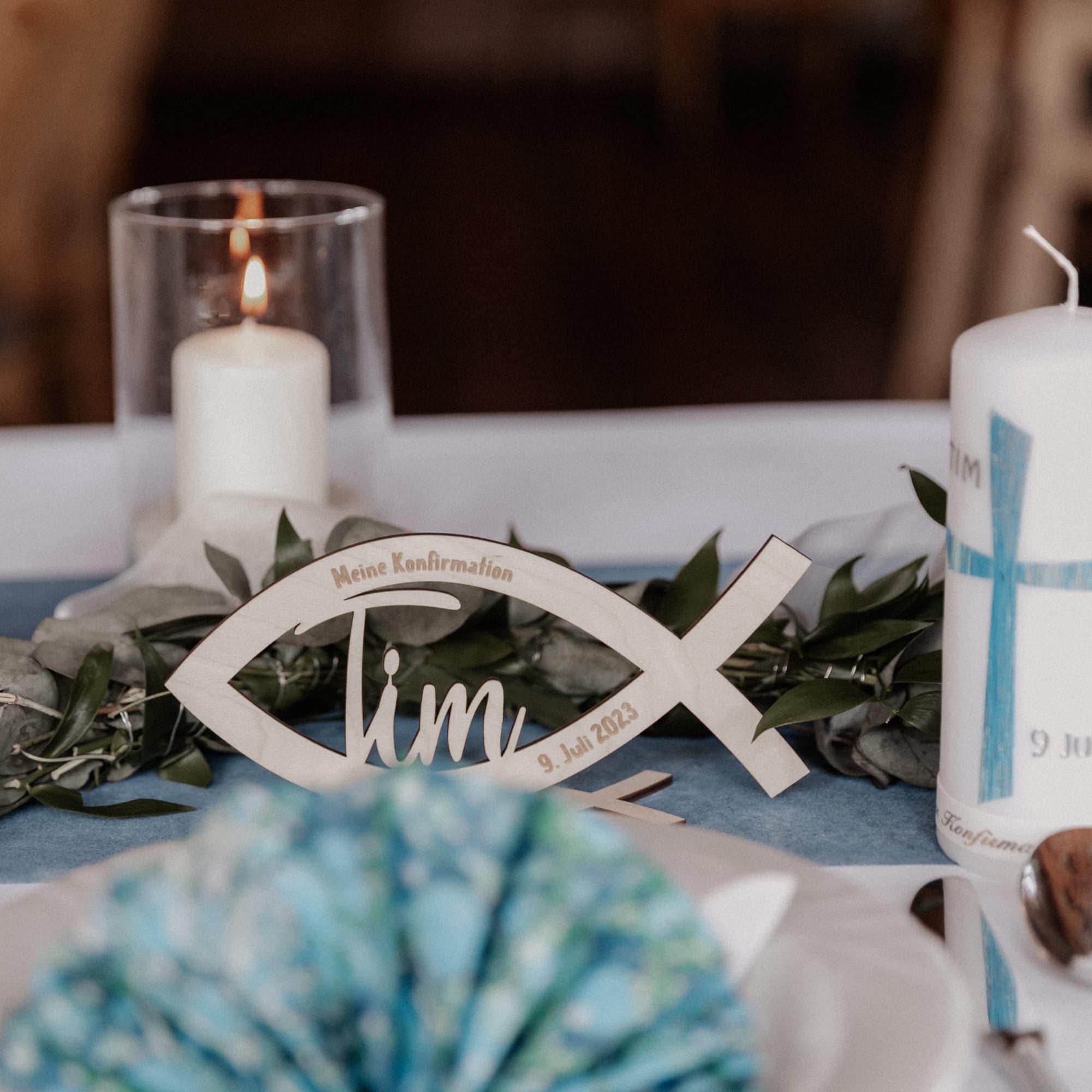 Laserhelden Shop - Personalisierer Fisch aus Holz für Konfirmation, Taufe, Kommunion, Firmung