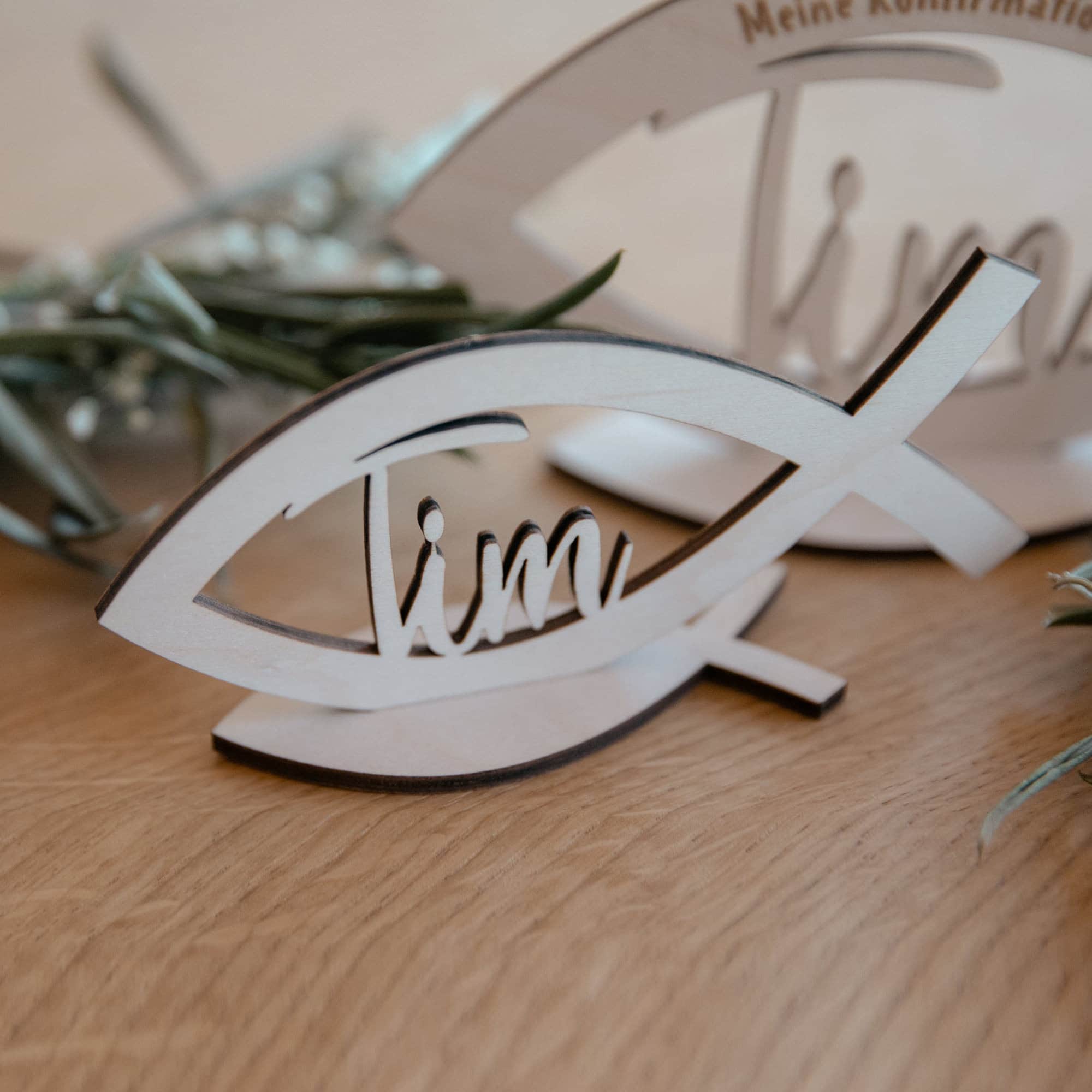 Laserhelden Shop - Personalisierer Fisch aus Holz für Konfirmation, Taufe, Kommunion, Firmung