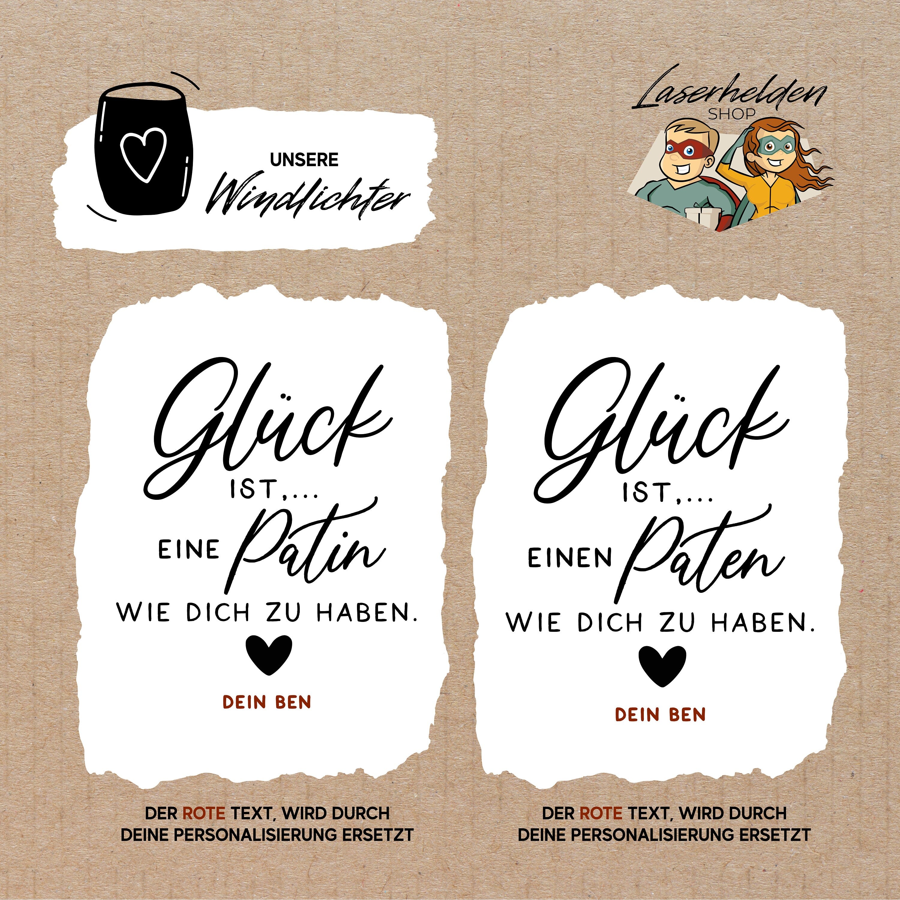 Laserhelden Shop - Personalisiertes Windlicht mit Namen der Kinder, Geschenkidee Weihnachten Patin, Patentante, Pate, Patenonkel