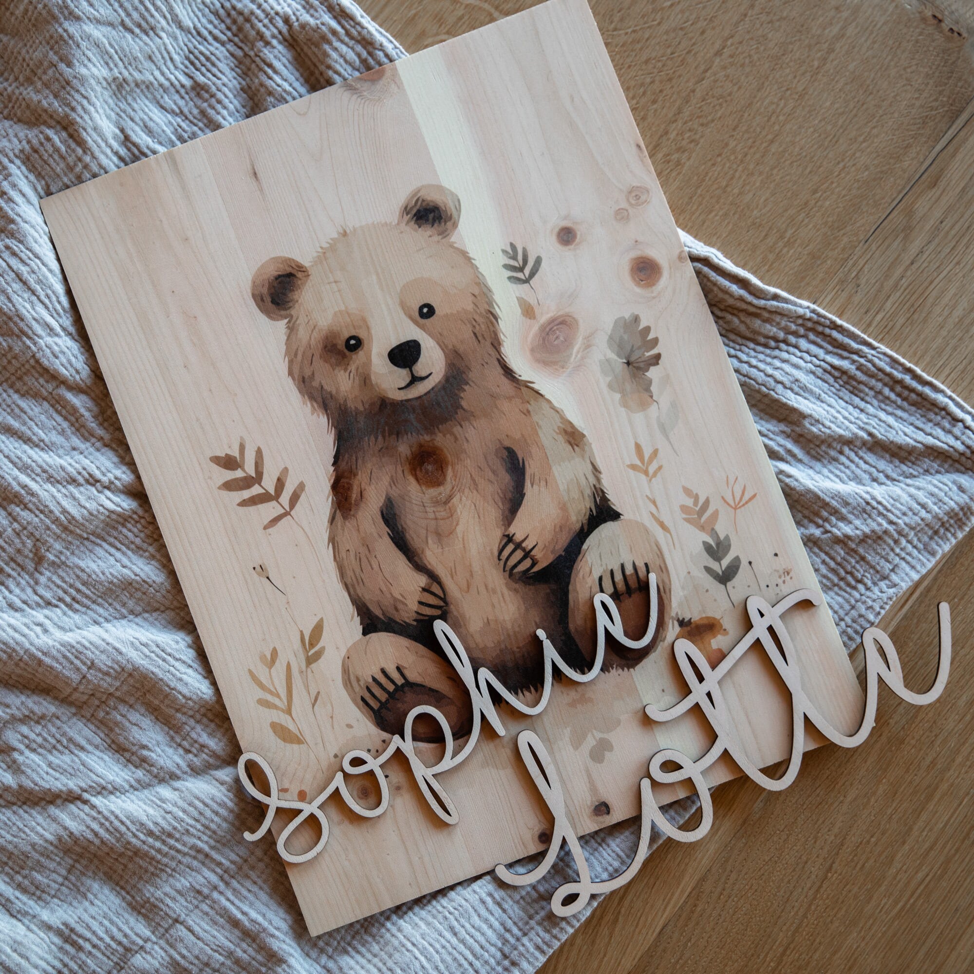 Holzbild Bär A3 Kinderzimmer Poster / Babyzimmer Wandbild / Namensschriftzug Baby / Waldtiere Wandbild Holz / Poster Bär / Geschenk Geburt