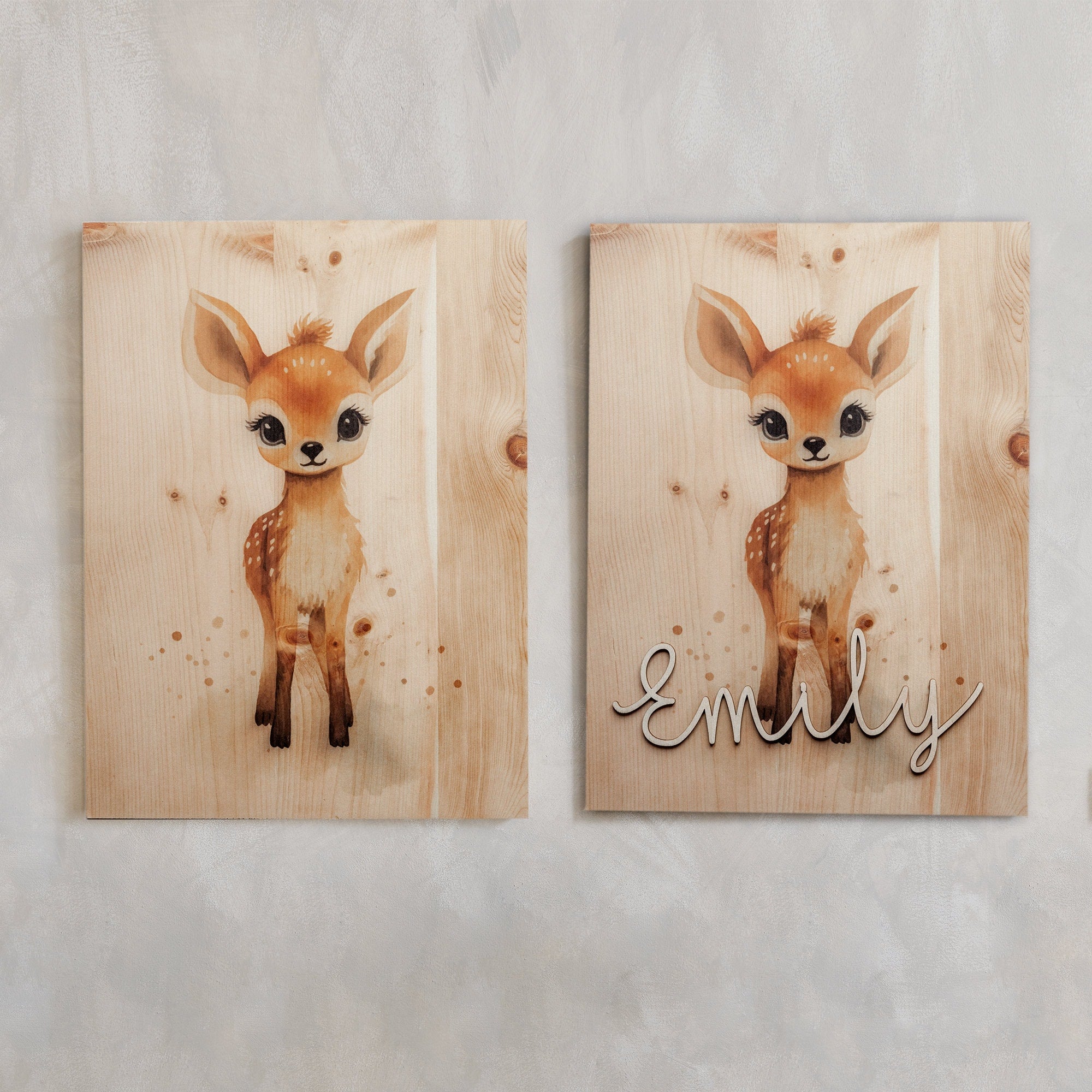 Personalisiertes Holzbild Reh A3 Kinderzimmer Poster / Babyzimmer / Namensschriftzug / Waldtiere Wandbild Holz / Poster Reh Geschenk Geburt