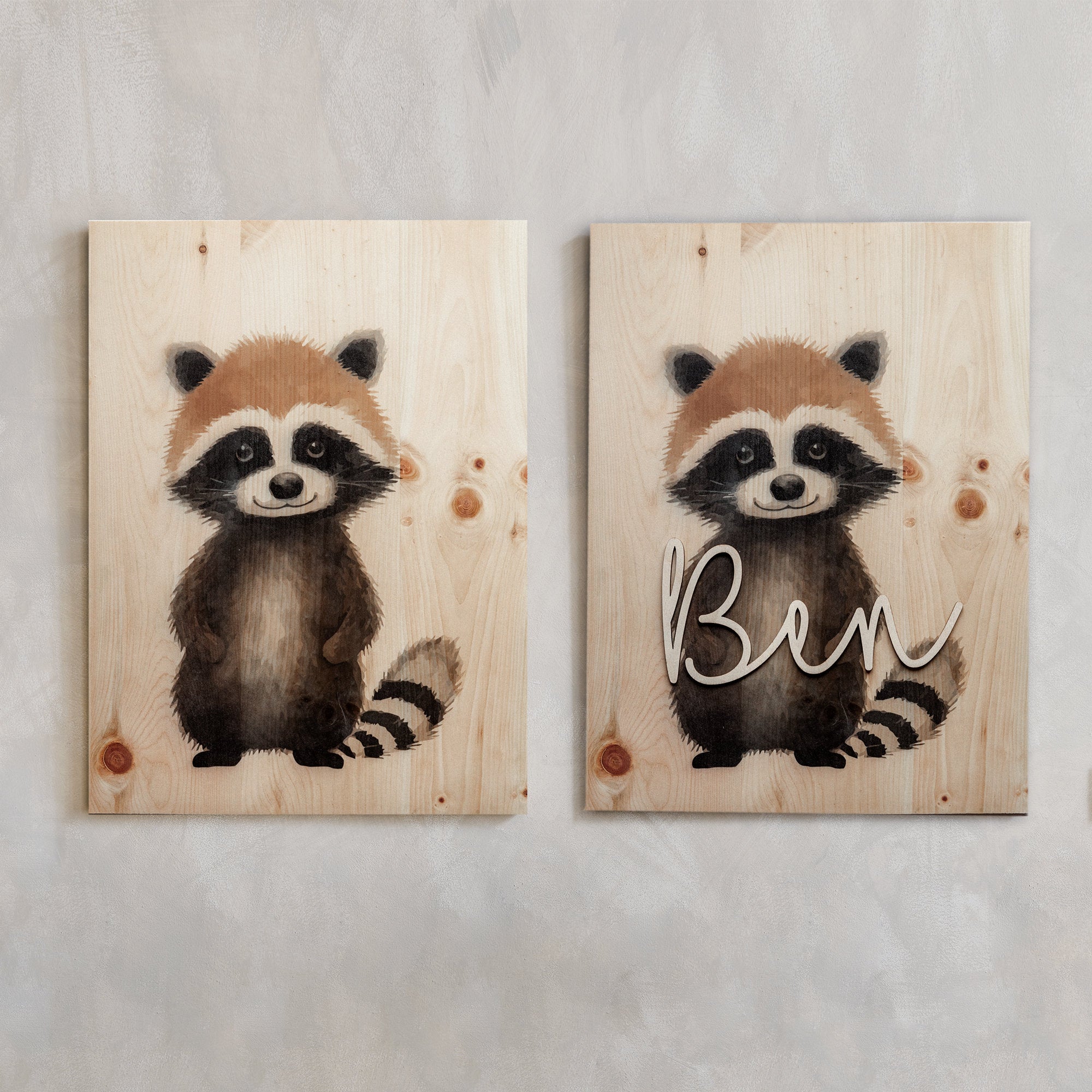 Personalisiertes Holzbild Waschbär A3 Kinderzimmer Poster / Babyzimmer / Namensschriftzug / Waldtiere Wandbild Holz / Poster Geschenk Geburt