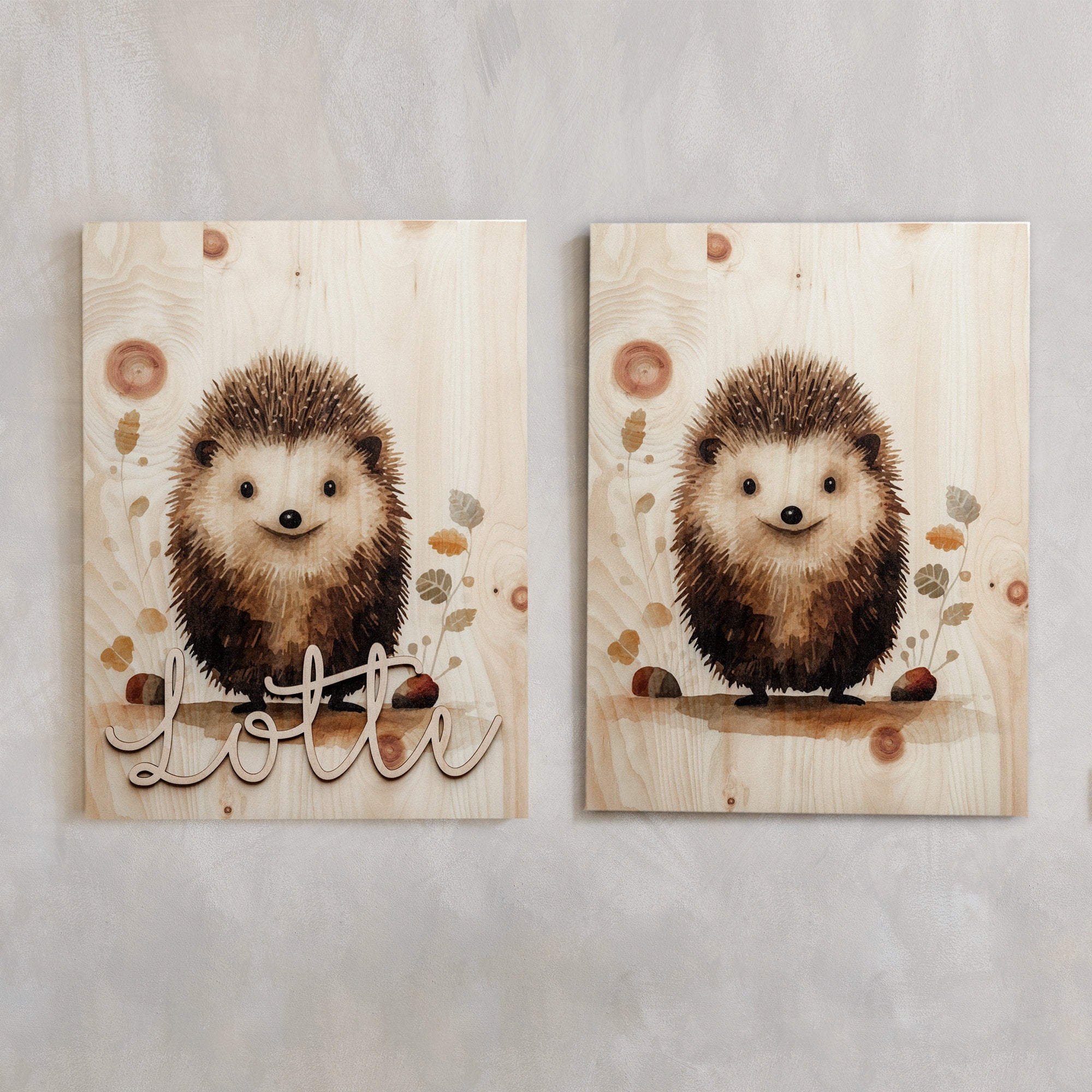 Personalisiertes Holzbild Igel A3 Kinderzimmer Poster / Babyzimmer / Namensschriftzug / Waldtiere Wandbild Holz / Poster Igel Geschenk Baby