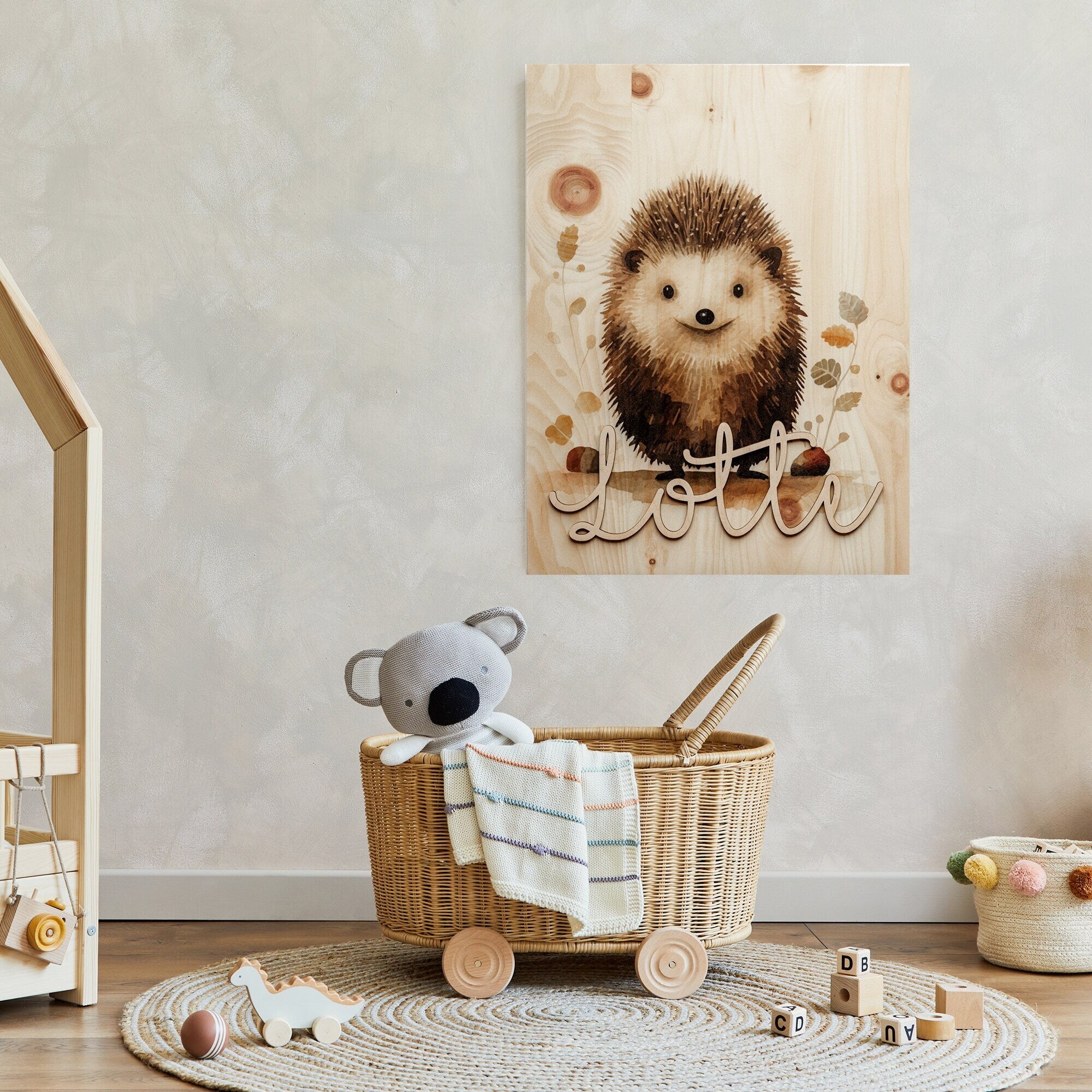Personalisiertes Holzbild Igel A3 Kinderzimmer Poster / Babyzimmer / Namensschriftzug / Waldtiere Wandbild Holz / Poster Igel Geschenk Baby