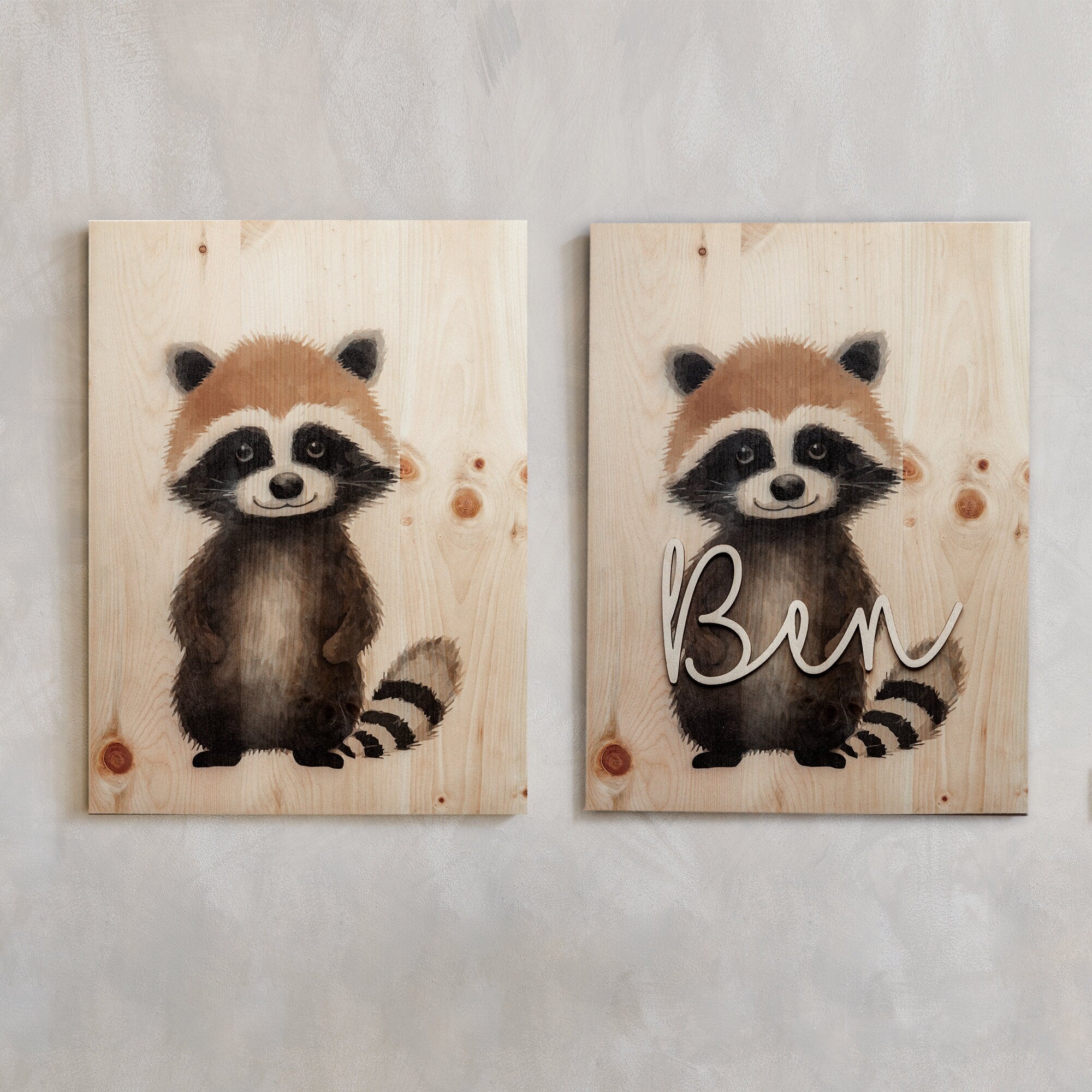 Holzbilder Waldtiere A3 Kinderzimmer 3er Set / Babyzimmer / Waldtiere Wandbild Holz / Poster Bär Igel Waschbär Reh Geschenk Geburt