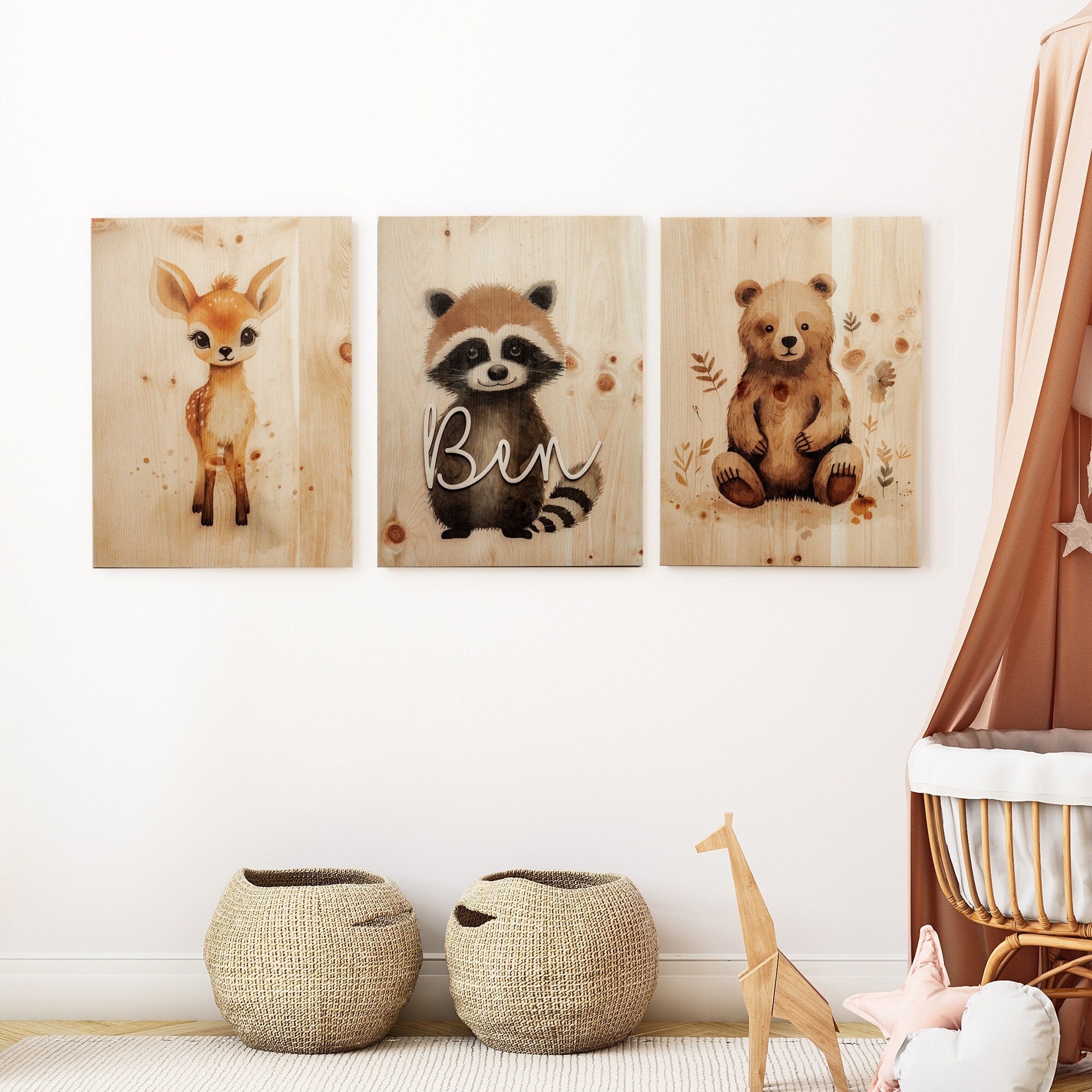 Holzbild Bär A3 Kinderzimmer Poster / Babyzimmer Wandbild / Namensschriftzug Baby / Waldtiere Wandbild Holz / Poster Bär / Geschenk Geburt