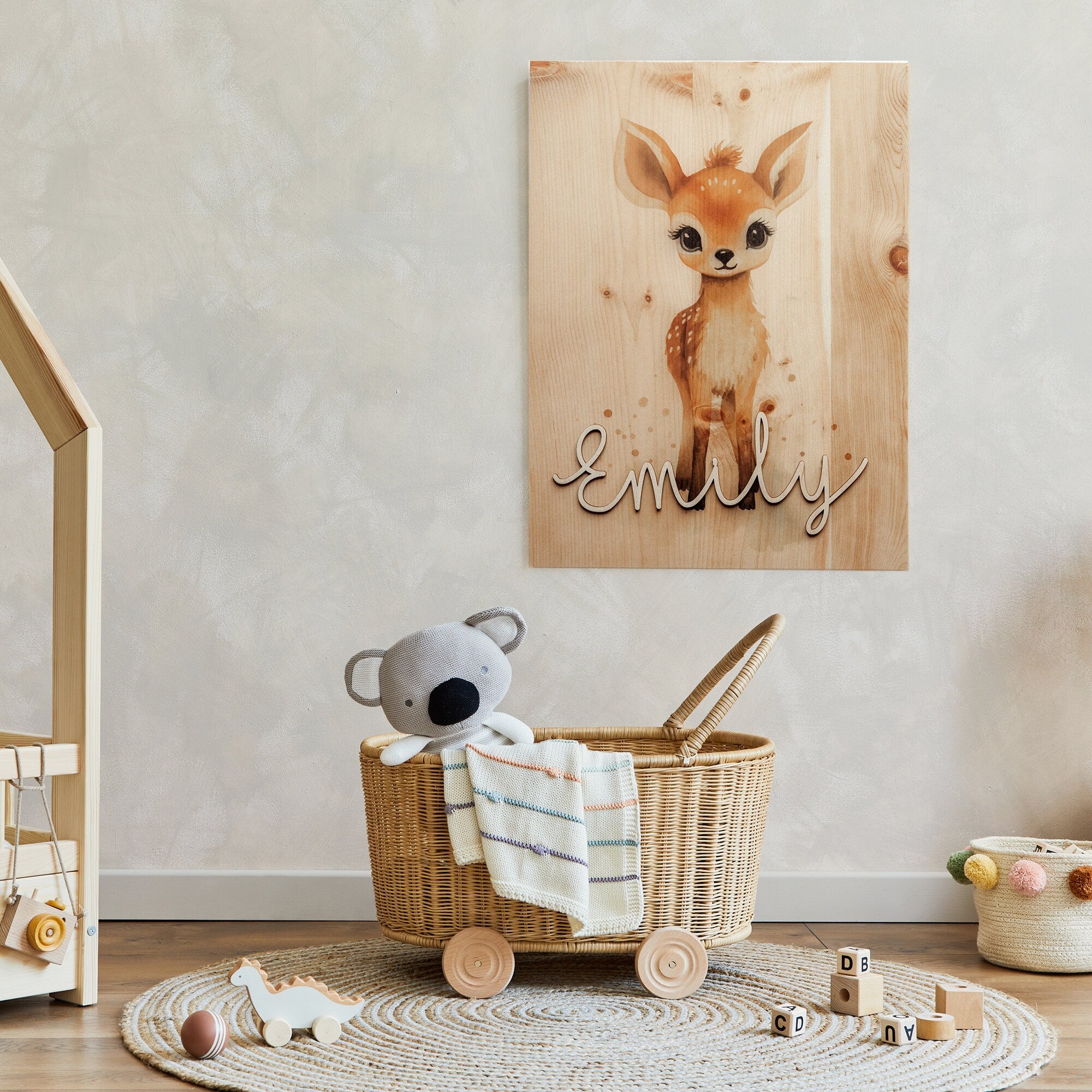 Personalisiertes Holzbild Reh A3 Kinderzimmer Poster / Babyzimmer / Namensschriftzug / Waldtiere Wandbild Holz / Poster Reh Geschenk Geburt