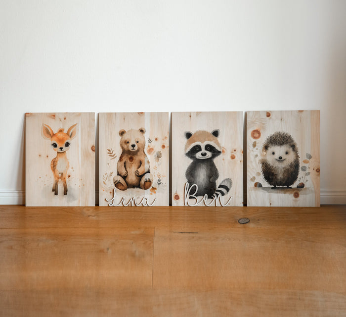 Personalisiertes Holzbild Reh A3 Kinderzimmer Poster / Babyzimmer / Namensschriftzug / Waldtiere Wandbild Holz / Poster Reh Geschenk Geburt