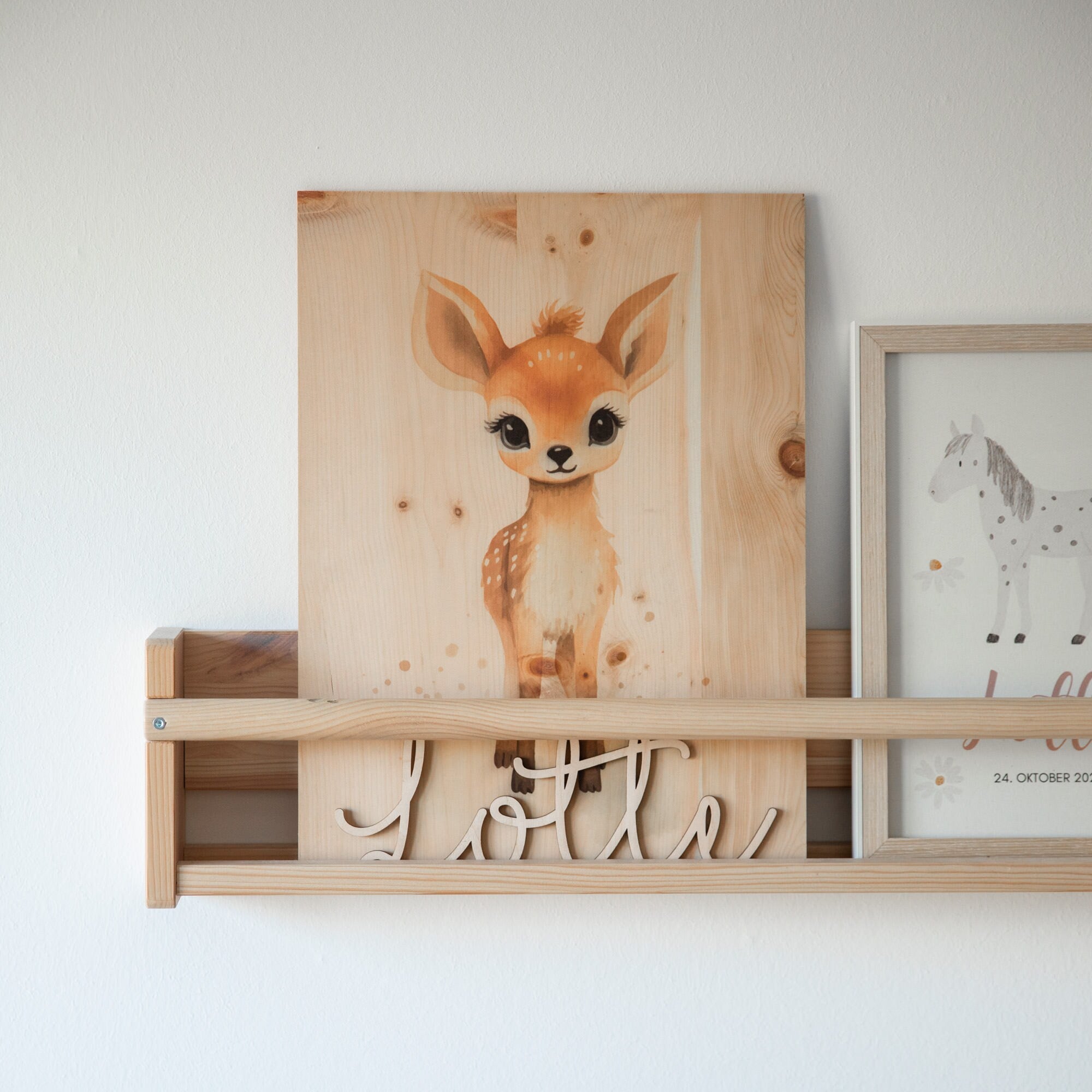 Personalisiertes Holzbild Reh A3 Kinderzimmer Poster / Babyzimmer / Namensschriftzug / Waldtiere Wandbild Holz / Poster Reh Geschenk Geburt