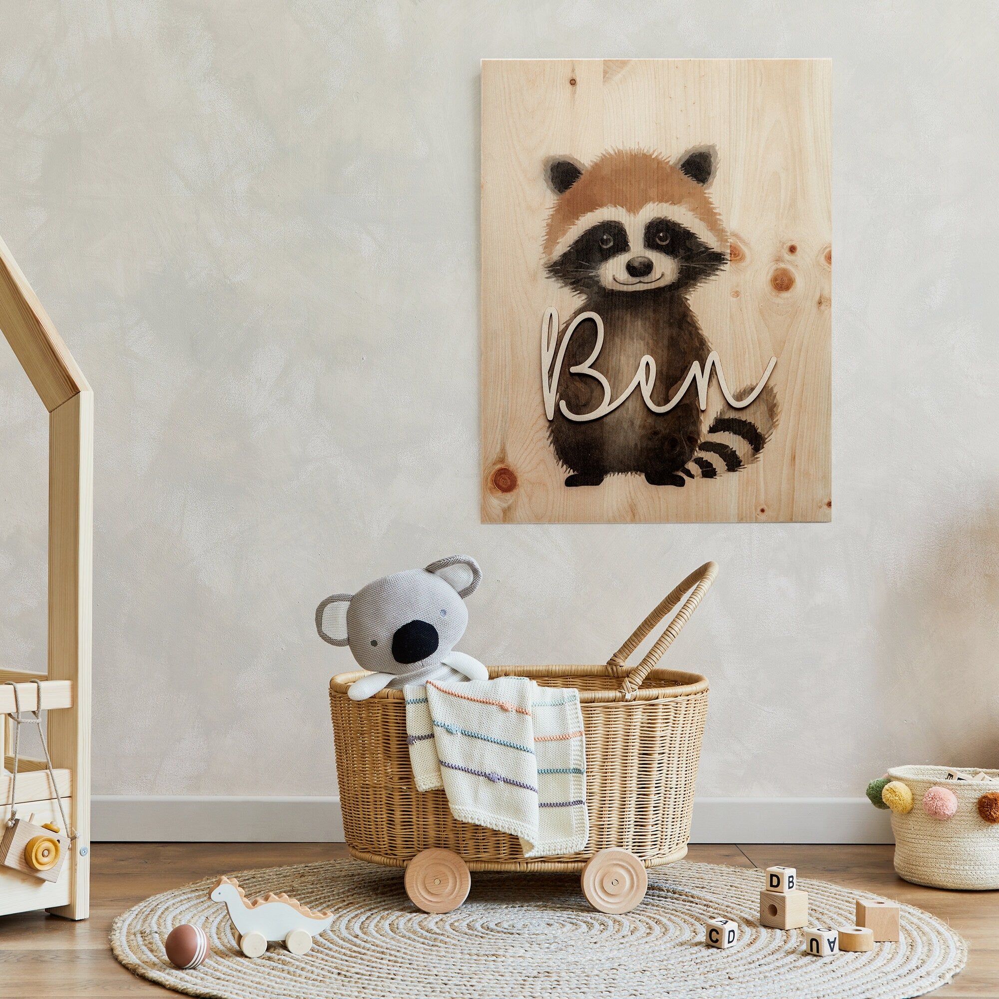 Personalisiertes Holzbild Waschbär A3 Kinderzimmer Poster / Babyzimmer / Namensschriftzug / Waldtiere Wandbild Holz / Poster Geschenk Geburt