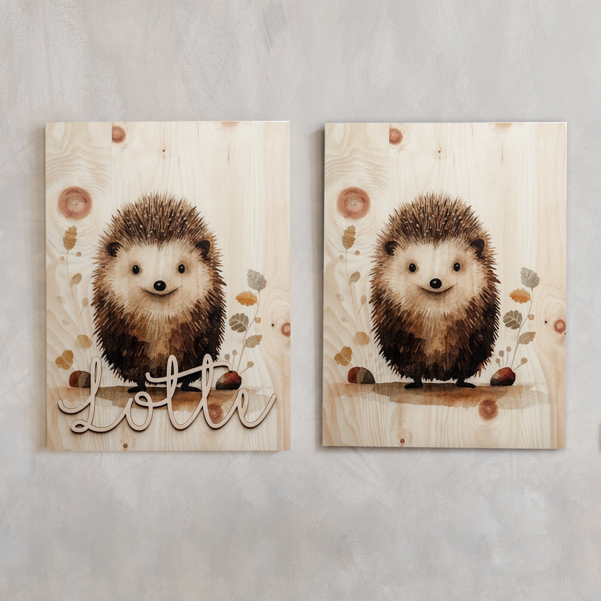 Holzbilder Waldtiere A3 Kinderzimmer 3er Set / Babyzimmer / Waldtiere Wandbild Holz / Poster Bär Igel Waschbär Reh Geschenk Geburt