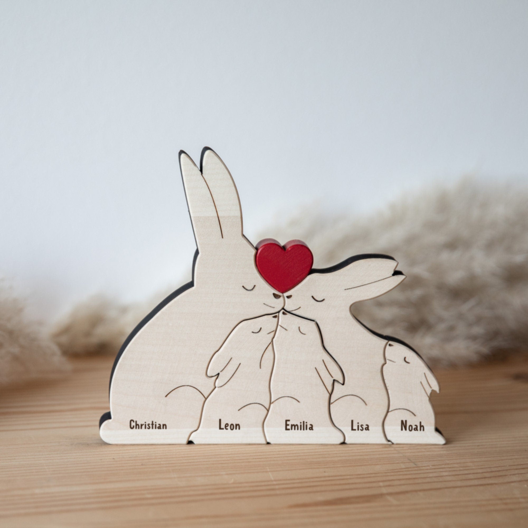 Personalisierte Hasenfamilie aus Holz mit 1 bis 4 Kinder / Familienpuzzle Hasen / Hasen aus Holz mit Namen graviert / Ostergeschenk
