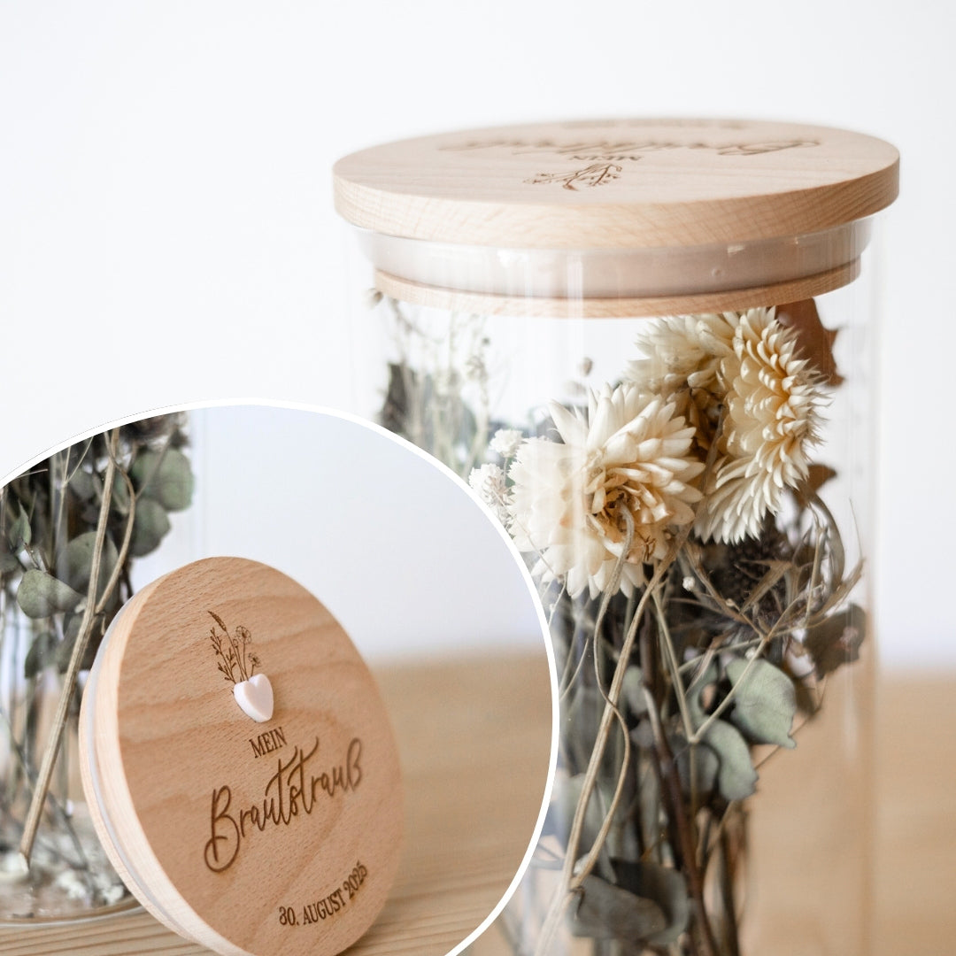 Mein Brautstrauß – Erinnerungsglas mit Gravur & Datum | Personalisierte Hochzeits-Erinnerung