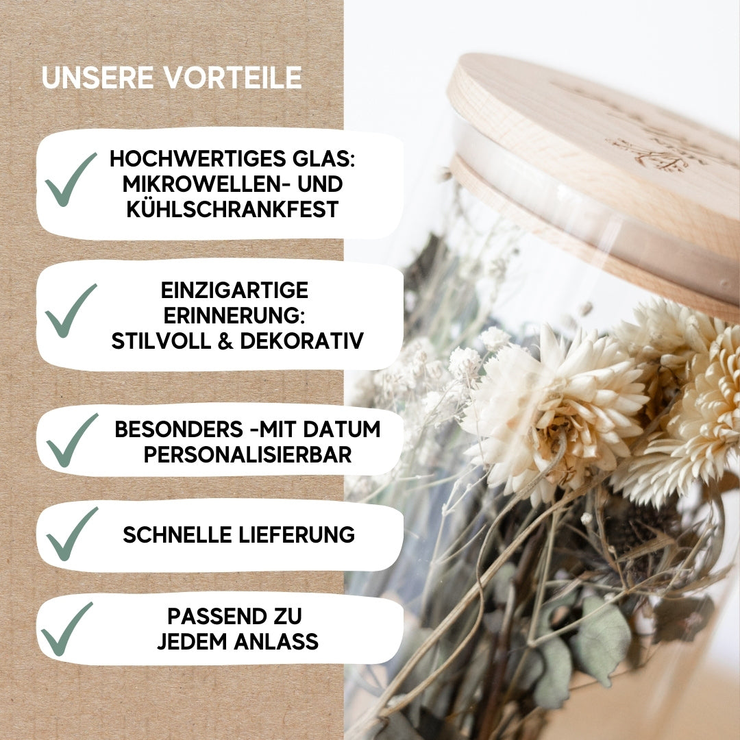 Mein Brautstrauß – Erinnerungsglas mit Gravur & Datum | Personalisierte Hochzeits-Erinnerung