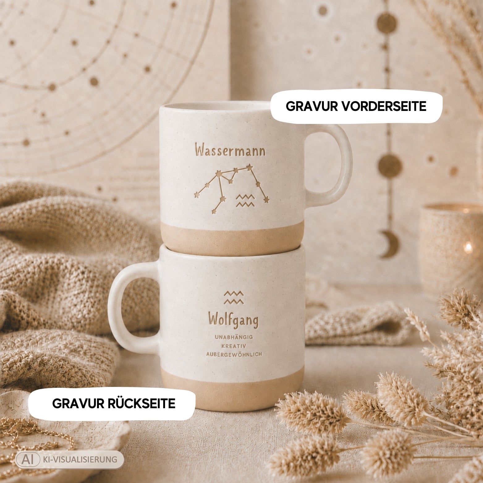 Personalisierte Sternzeichen-Tasse mit Name und Eigenschaften – gravierte Tasse mit Sternbild